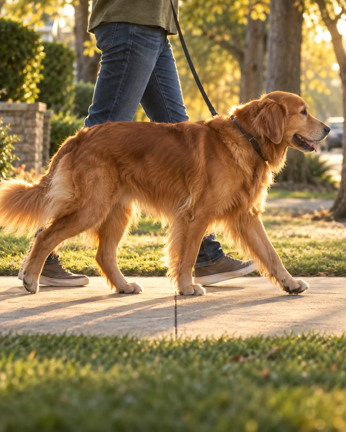 a large dog with a thick golden-red feathered coat long floppy ears and a gentle soft expression walking along a tree-lined sidewalk beside a person in golden hour light with calm routine stride
