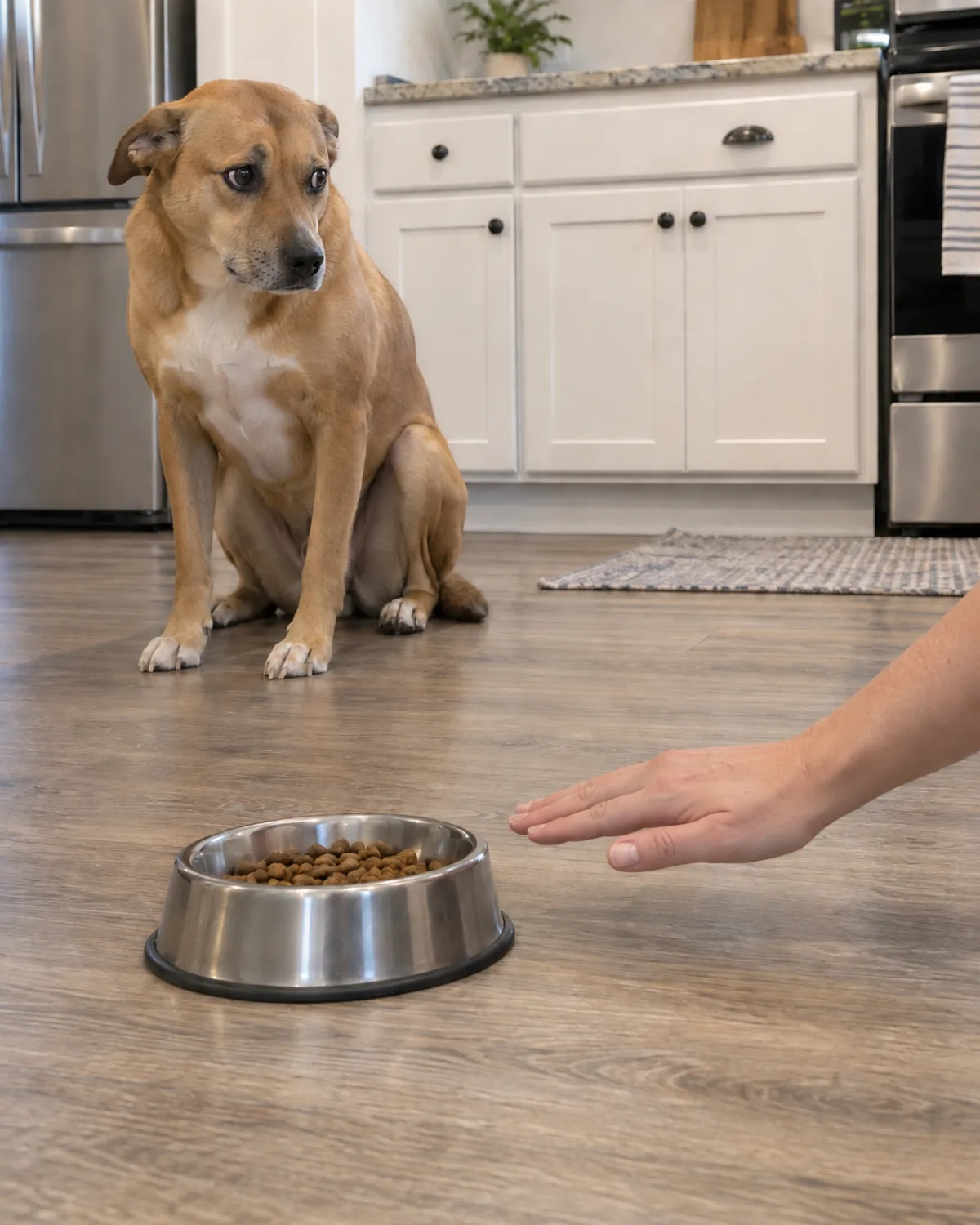 a medium dog with a short tan coat white chest blaze and wide-set eyes with a slightly anxious expression and ears pinned back sitting at a distance from a food bowl in a kitchen watching a person hand reach toward the bowl in bright overhead light with tense guarded body language
