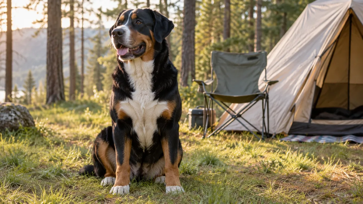 a large sturdy tricolor dog with black body rust eyebrows and legs white chest blaze and floppy ears sitting alertly on a grassy campsite clearing beside a canvas tent and a folding camp chair in soft golden morning light through pine trees