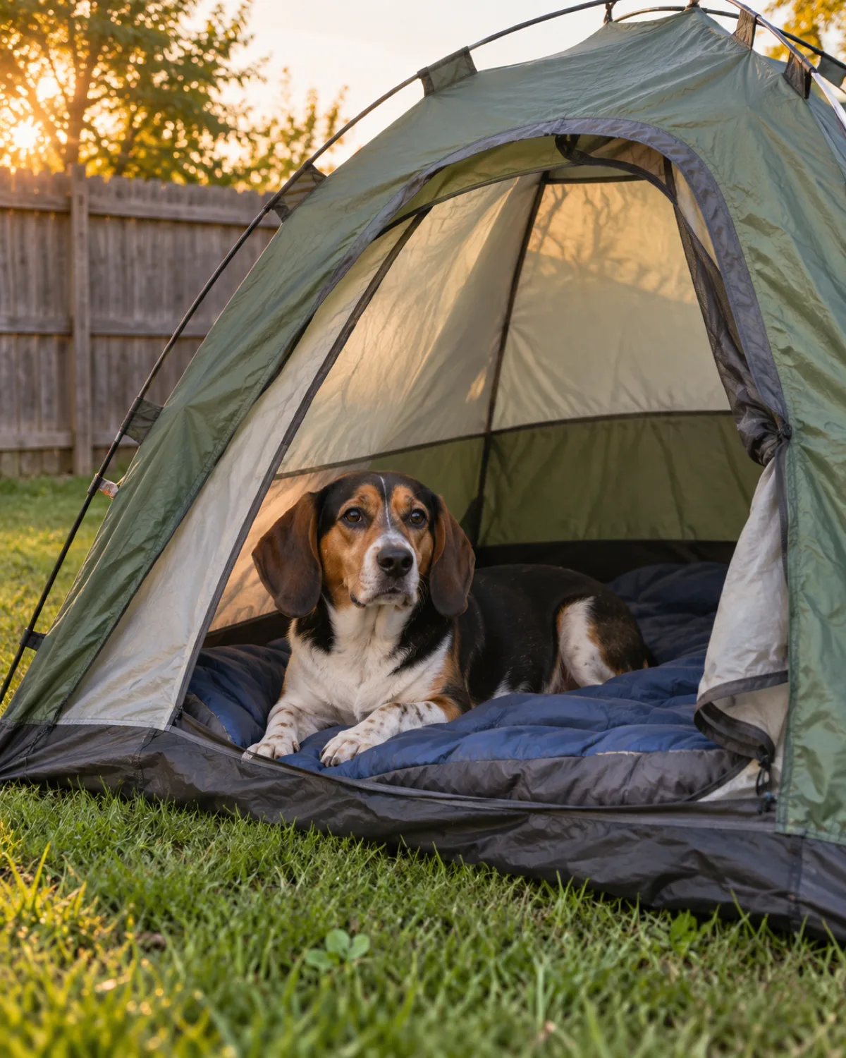 a small sturdy tricolor black white and tan short-coated hound with long low-set floppy ears lying inside a small dome tent set up in a backyard with a wooden fence visible behind the dog on a sleeping bag in evening golden hour light
