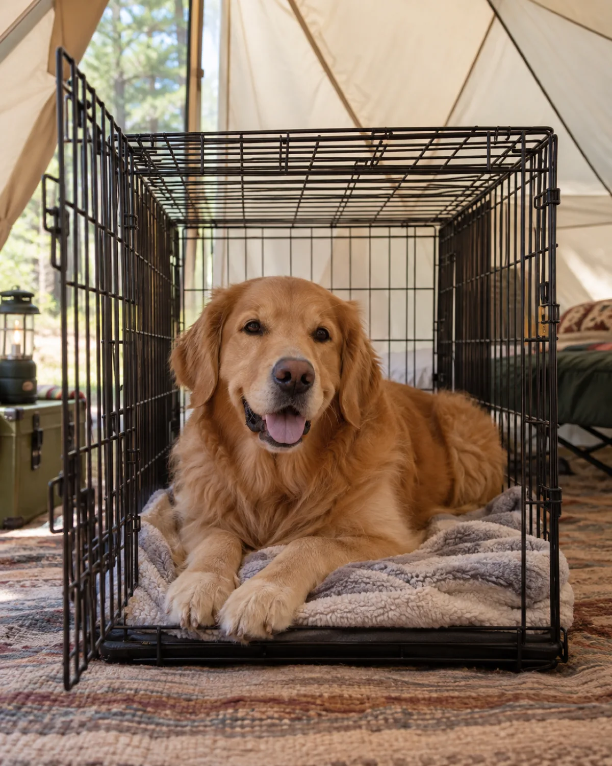 a large golden-coated dog with medium feathered fur floppy ears and a friendly broad muzzle lying calmly inside a collapsible wire travel crate with a fleece blanket the crate inside a large canvas tent with soft diffused daylight through tent fabric