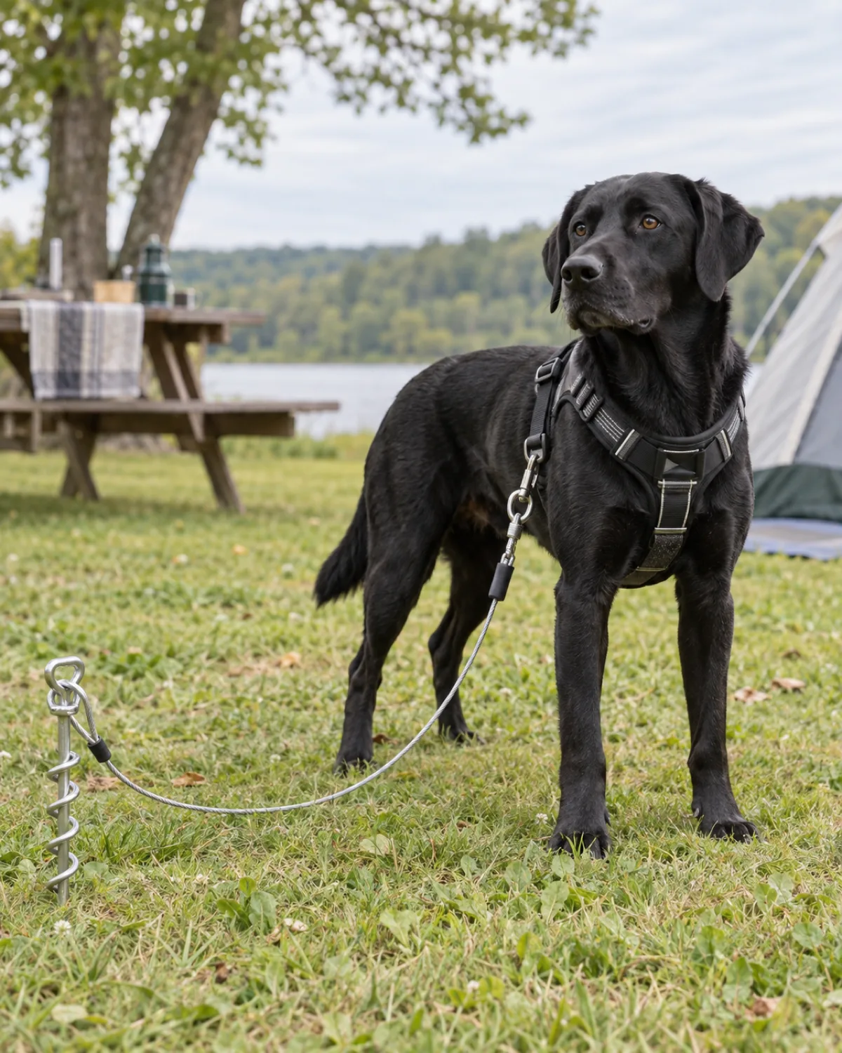 a large athletic solid-black short-coated dog with floppy ears and a glossy coat standing on grass attached to a spiral ground stake by a long cable a campsite with picnic table blurred behind in bright overcast daylight