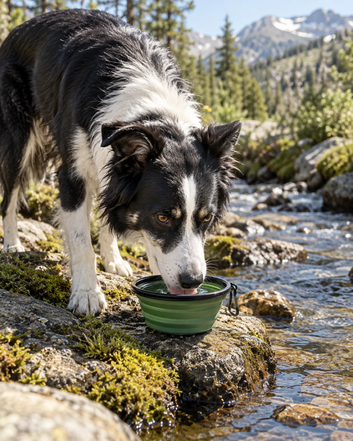 a medium athletic dog with a black-and-white coat white blaze collar and chest medium fur semi-erect ears and an intense gaze drinking from a collapsible silicone bowl beside a clear mountain stream with rocks and moss visible in bright natural daylight