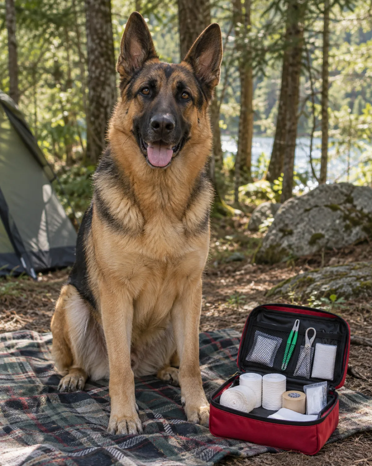 a large dog with a tan body and a black saddle-and-mask medium coat large upright pointed ears long muzzle and a sloped back sitting on a camp blanket beside an open pet first aid kit showing bandage rolls and tick tweezers in dappled forest shade