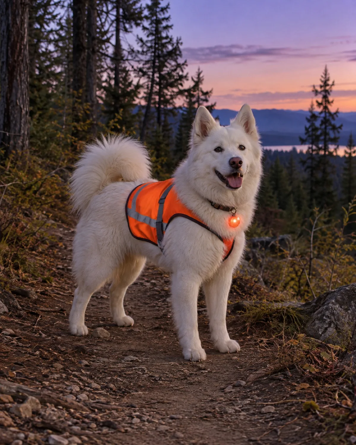 a large dog with a thick stand-off pure-white double coat erect ears an upturned smiling mouth and a curled tail wearing a bright orange reflective safety vest with a small clip-on LED light on the collar standing on a forest trail at dusk with purple twilight sky