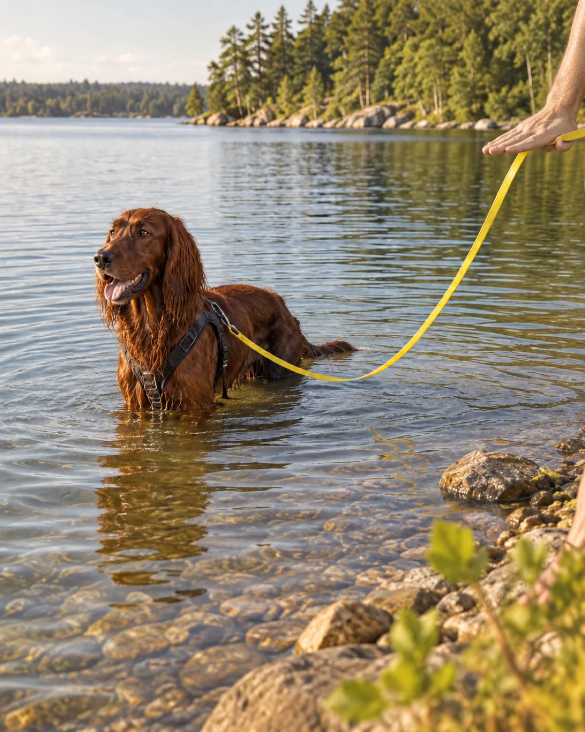 a large lean dog with a solid deep mahogany-red long silky feathered coat and long floppy ears wading chest-deep in a calm lake edge while attached to a long bright-yellow line held by a person standing on the shore in warm afternoon light