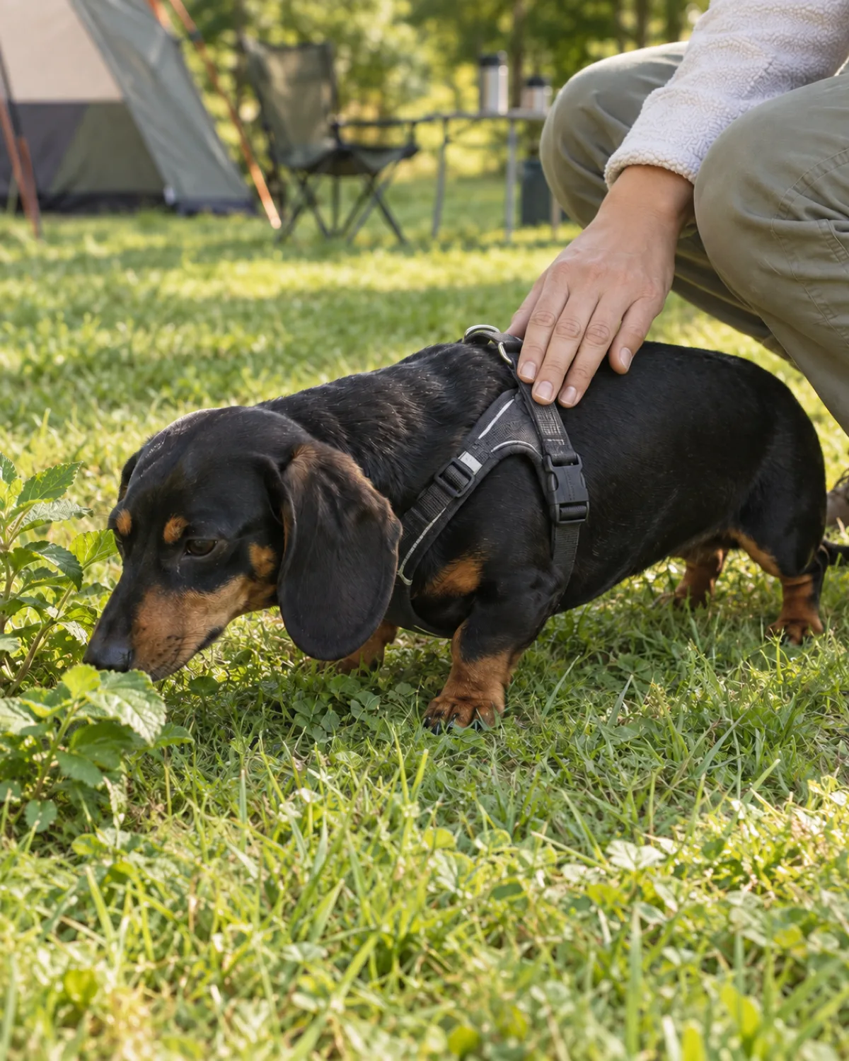 a small dog with a very long low body and very short legs a smooth black-and-tan coat and long floppy ears sniffing at the base of a leafy plant at a campsite while a person crouches beside only knees and hand visible the person gently holds the dog harness back on bright green campsite grass