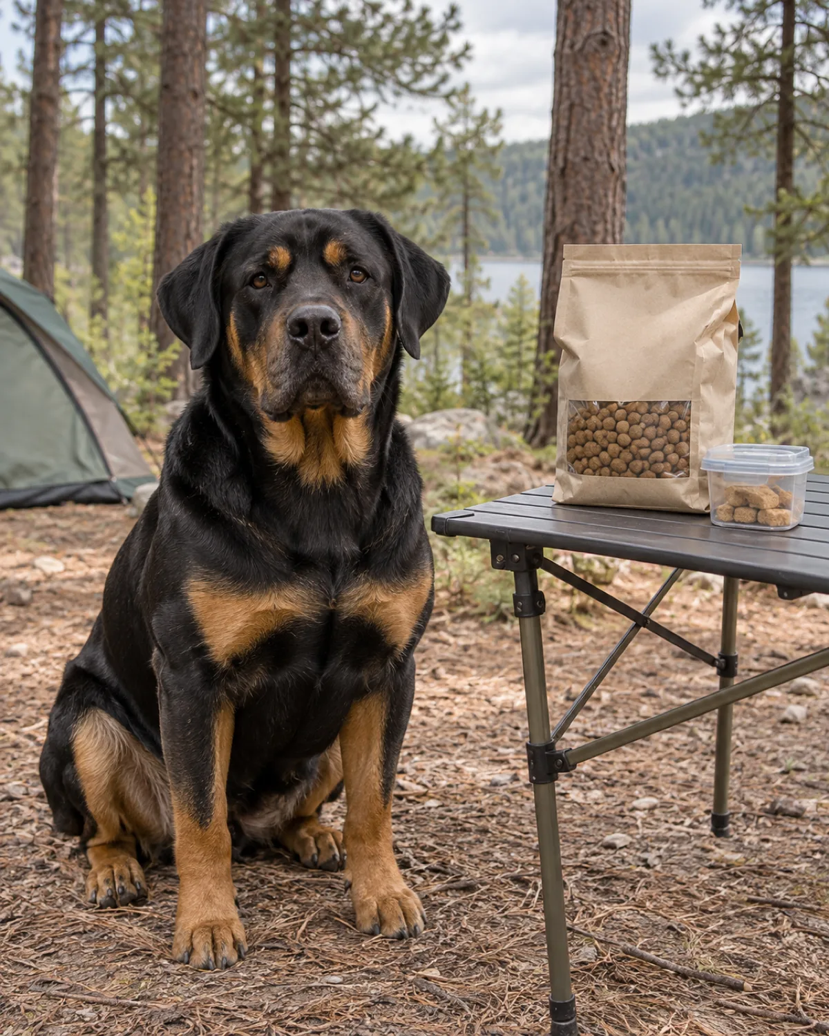 a large powerful black-and-tan short-coated dog with a broad blocky head and floppy ears sitting beside a camp table that has a sealed bag of kibble and a few dog treats in a container with pine forest background in bright overcast daylight