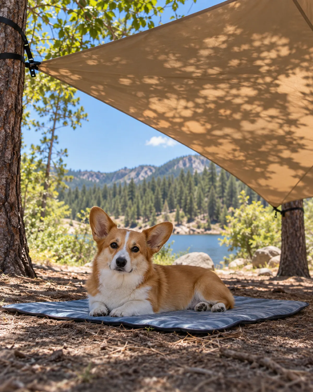 a small dog with very short legs and a long low body a red-and-white coat oversized erect ears and a foxy face lying on a cool mat under a canvas shade tarp stretched between two trees at a sunny campsite in bright midday light with dappled shade underneath