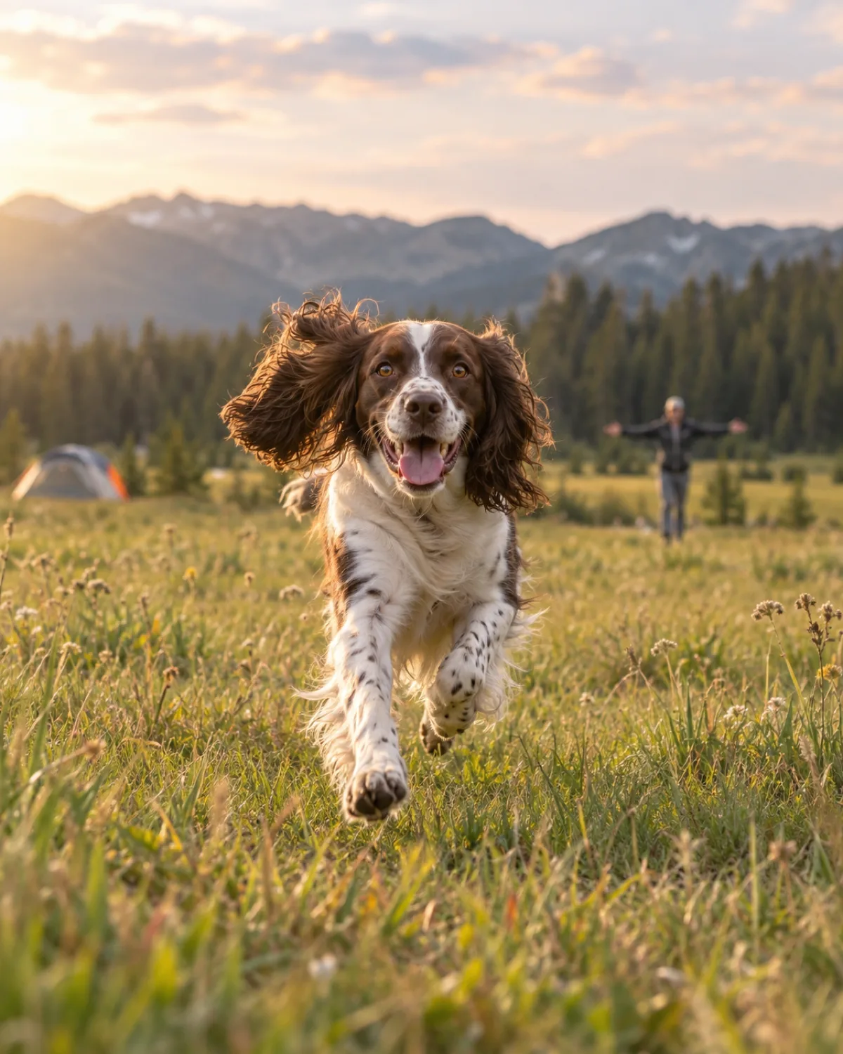 a medium athletic dog with a liver-and-white medium coat long feathered drop ears and feathered legs running eagerly across an open meadow toward the camera with ears flying a person standing far behind with arms open mountain treeline background in golden hour light
