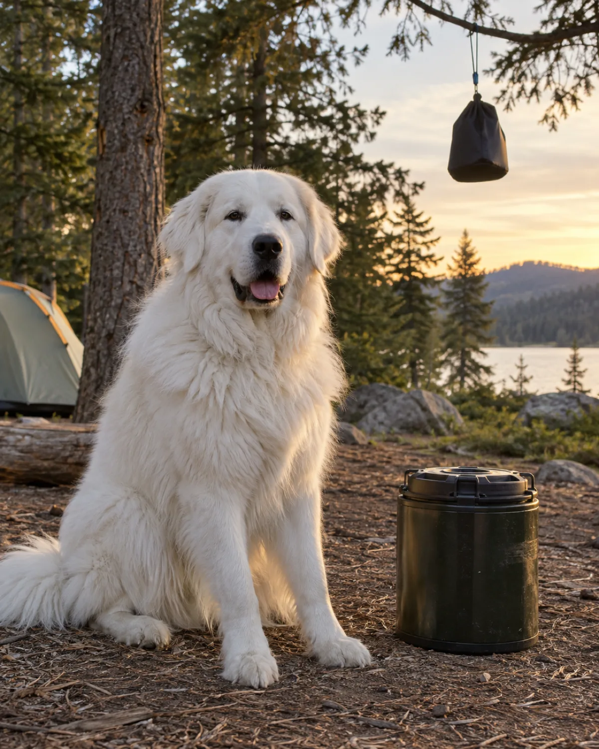 a giant dog with a thick solid-white long double coat a mane around the neck floppy ears and a gentle face sitting calmly beside a bear canister on the ground at a campsite a food hang bag visible suspended from a tree branch above in evening campsite light