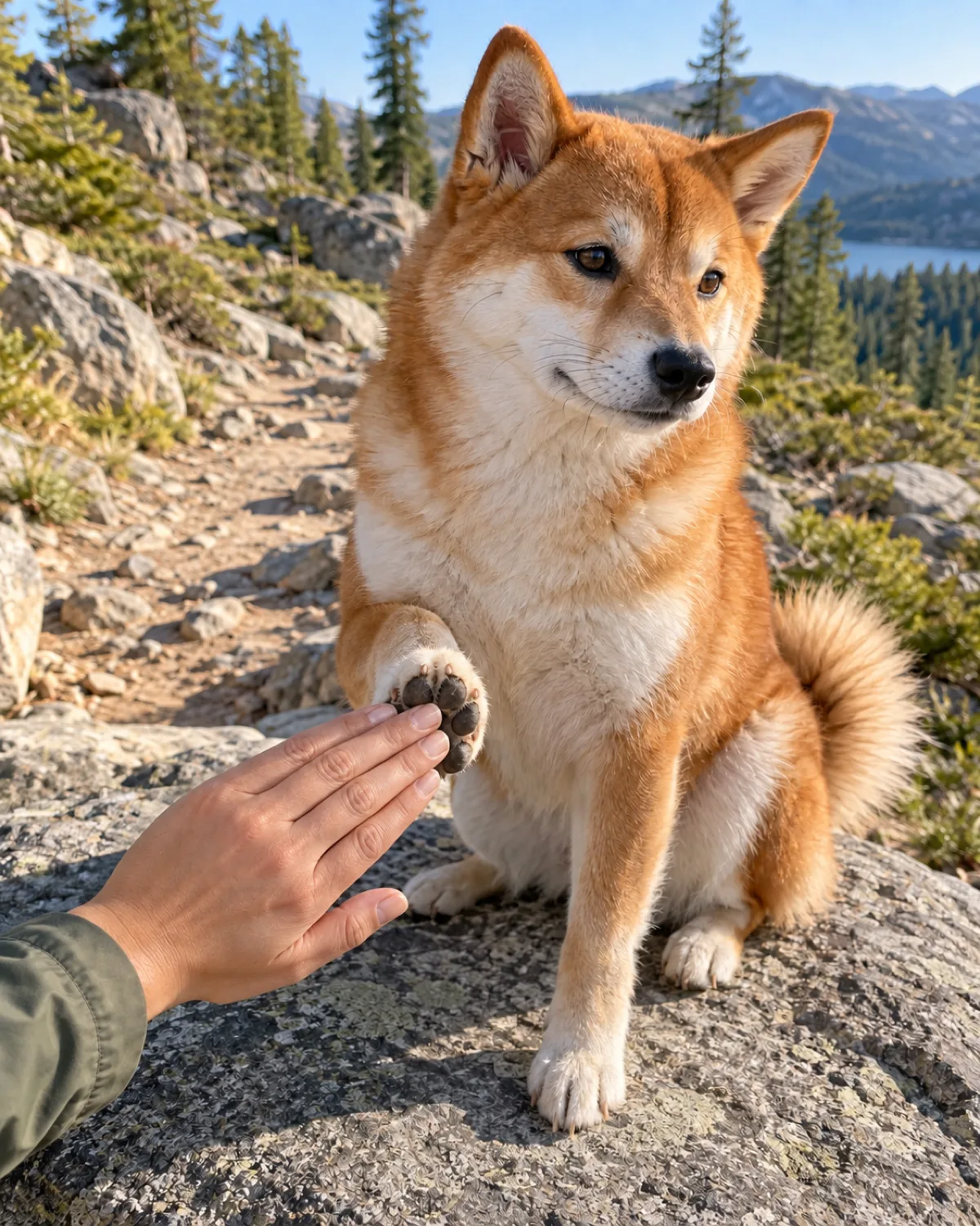 a small compact dog with a thick orange-red double coat and white underside erect ears a curled tail and a fox-like face sitting on a flat rock while a person hand with five fingers visible together and flat thumb low applies a thin layer of paw wax to one front paw pad rocky trail in background in bright daylight