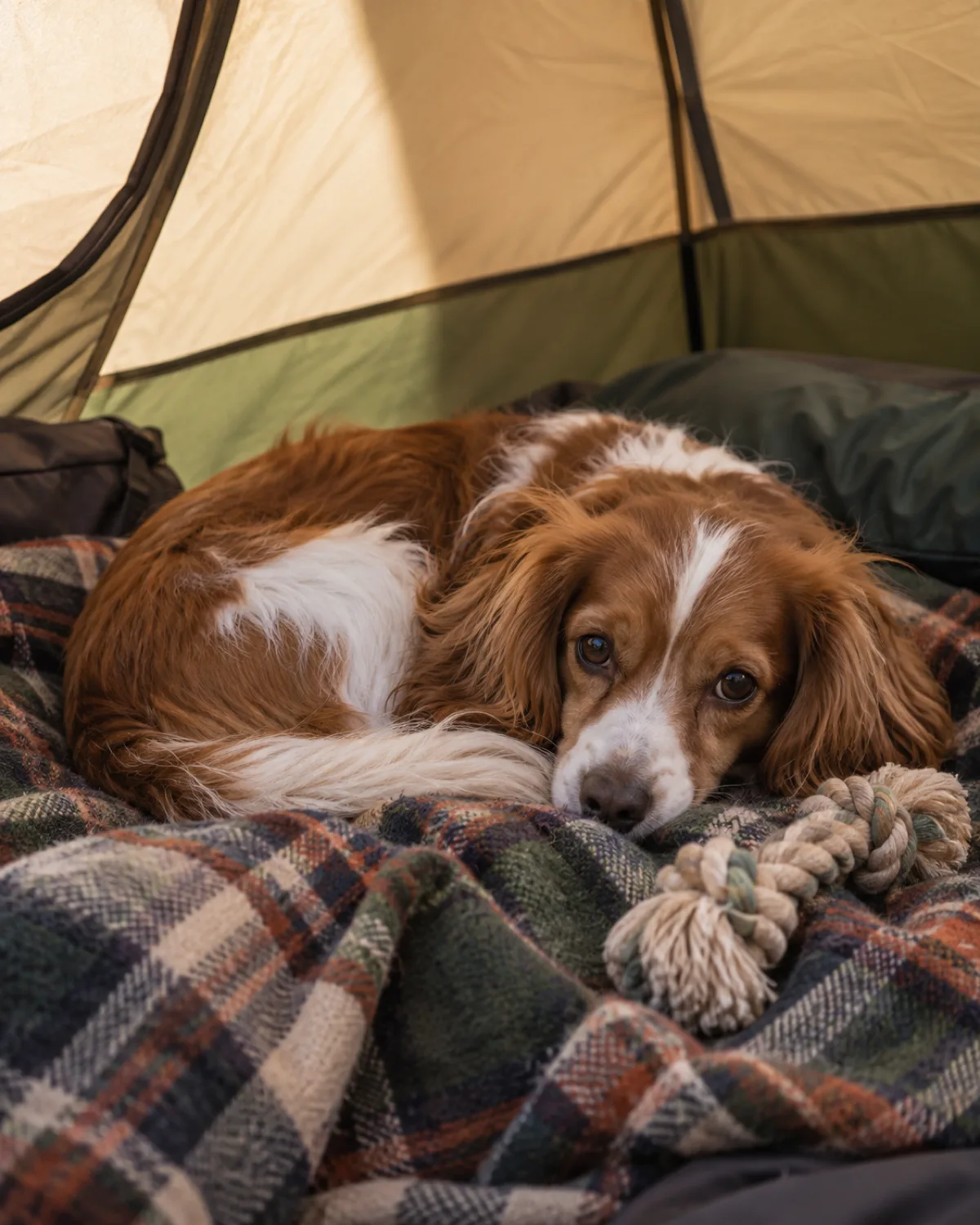 a small dog with a chestnut-and-white silky medium coat long feathered floppy ears and a gentle round-eyed face curled up inside a tent on a familiar plaid blanket with a well-loved rope toy beside in soft warm tent interior light with cozy atmosphere