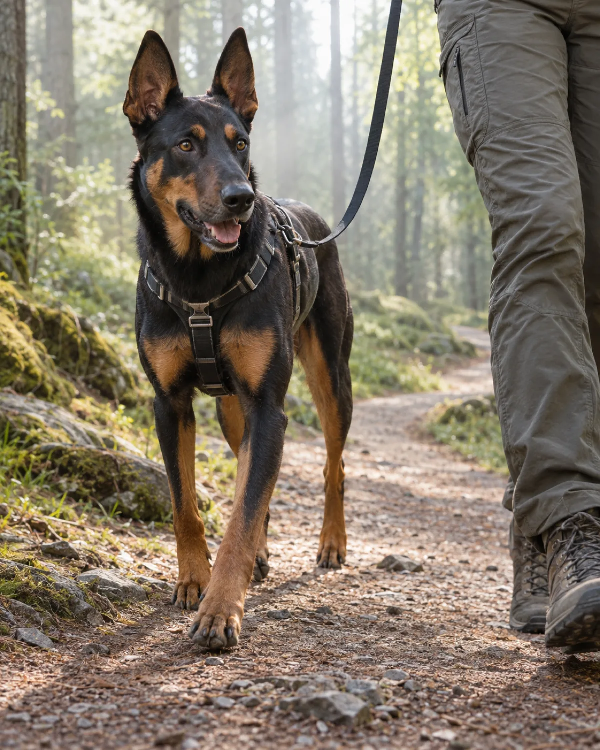 a large lean muscular dog with a sleek black-and-tan short coat sharp rust points upright ears and a long muzzle walking on-leash beside a person lower body only visible along a forest trail the trail curves ahead through tall pines in morning mist and filtered green light