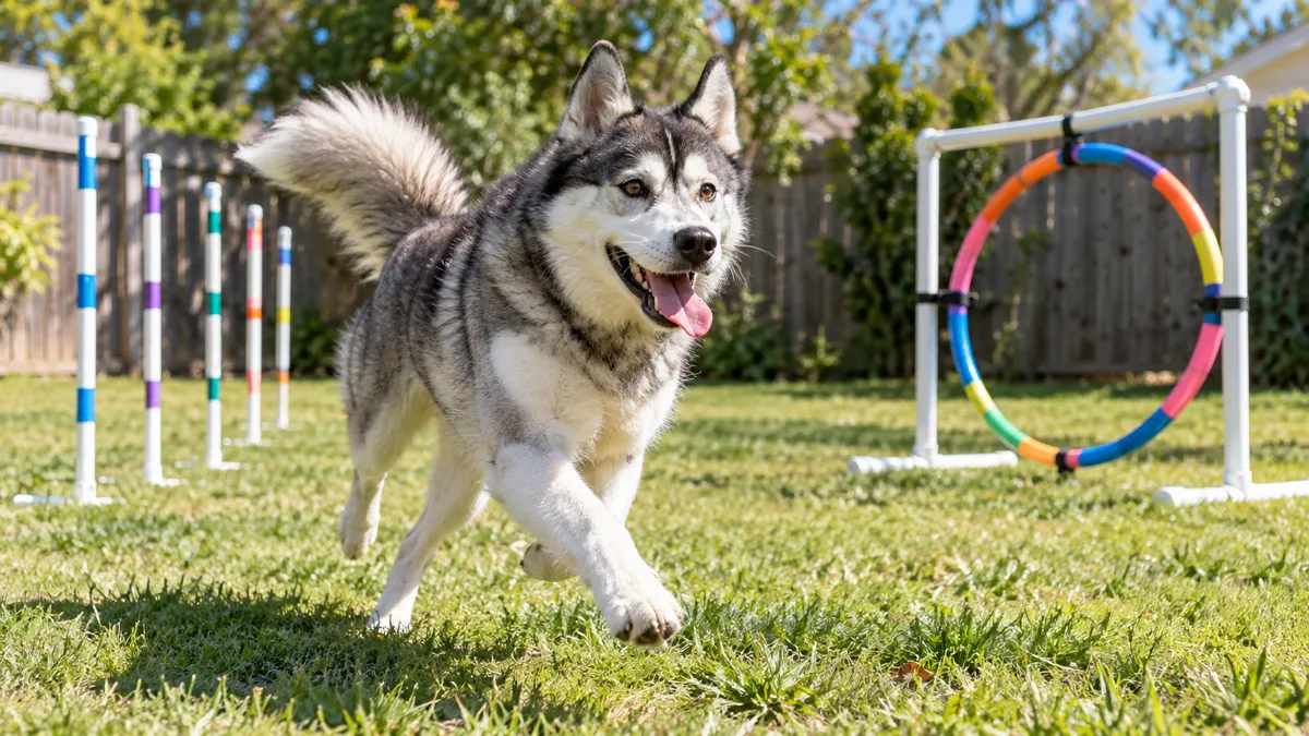 a medium athletic grey-and-white double-coated dog with erect triangular ears running joyfully through a sunny backyard with colorful DIY agility obstacles including PVC weave poles and a hula hoop jump