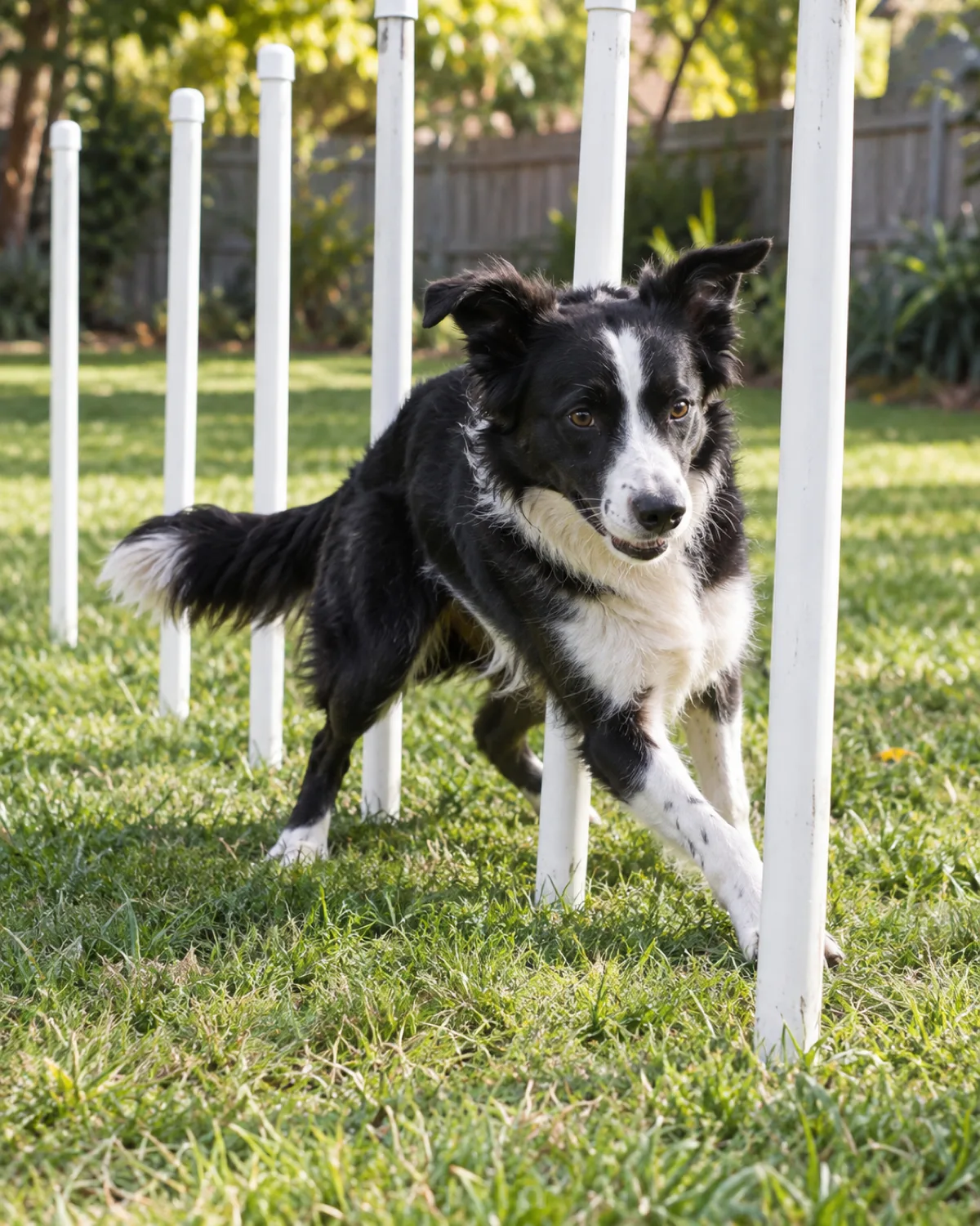 a medium athletic dog with a black-and-white coat weaving between white PVC pipe poles pushed into a green lawn with body curved mid-weave in afternoon sunlight