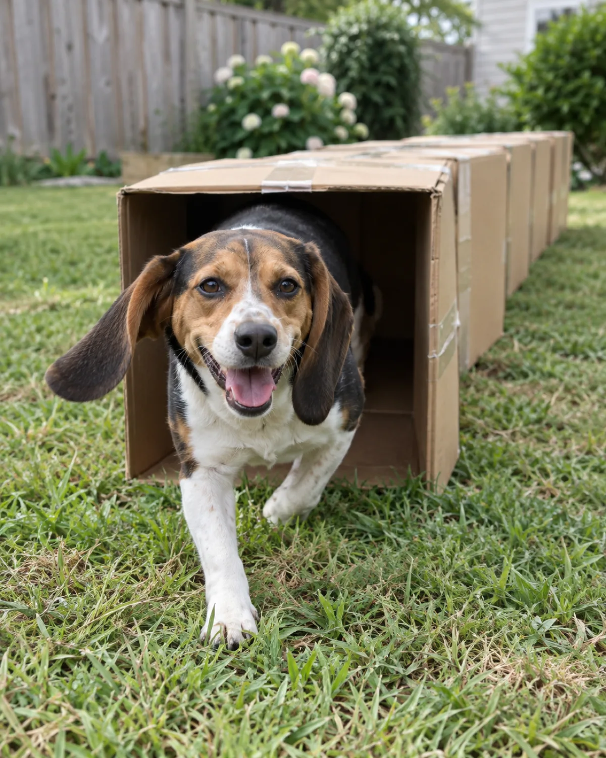 a small sturdy tricolor short-coated hound emerging from a cardboard box tunnel on a lawn with front half out and ears flopping forward and a line of taped boxes visible behind