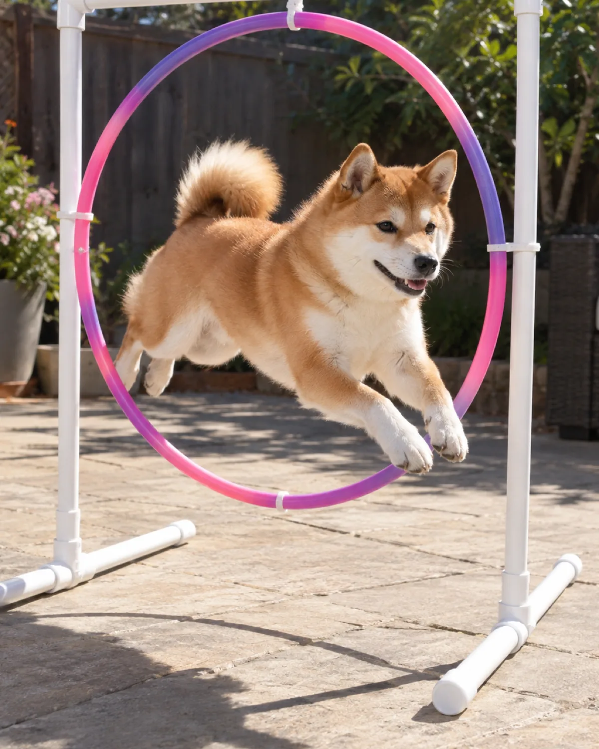 a small compact dog with a thick orange-red double coat and white underside jumping through a hula hoop suspended in a PVC frame on a patio in bright afternoon sunlight mid-leap with body fully extended