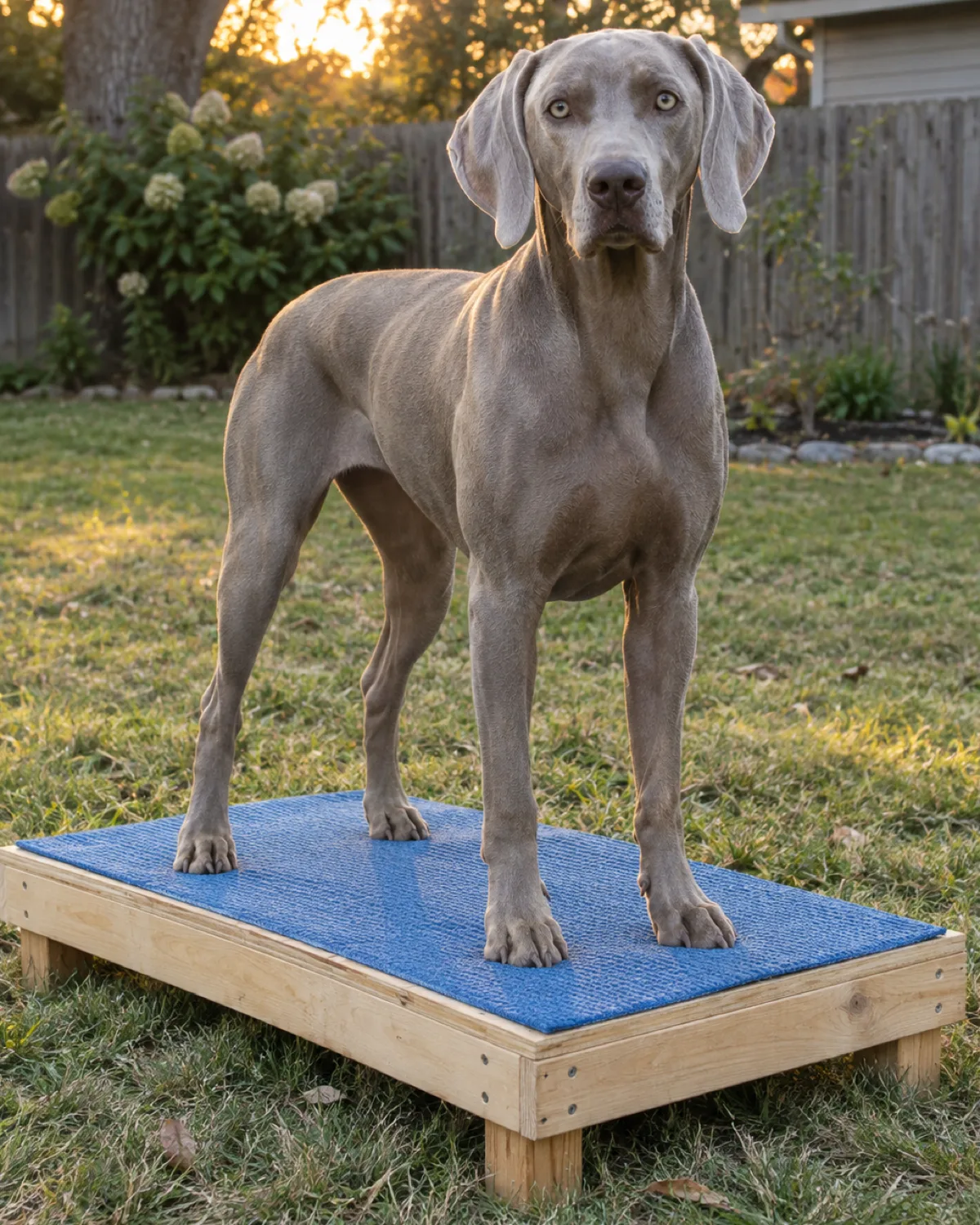 a large sleek silver-grey short-coated dog with floppy ears and pale eyes standing confidently with all four paws on a low wooden platform covered with a blue non-slip mat in a backyard with warm golden hour light