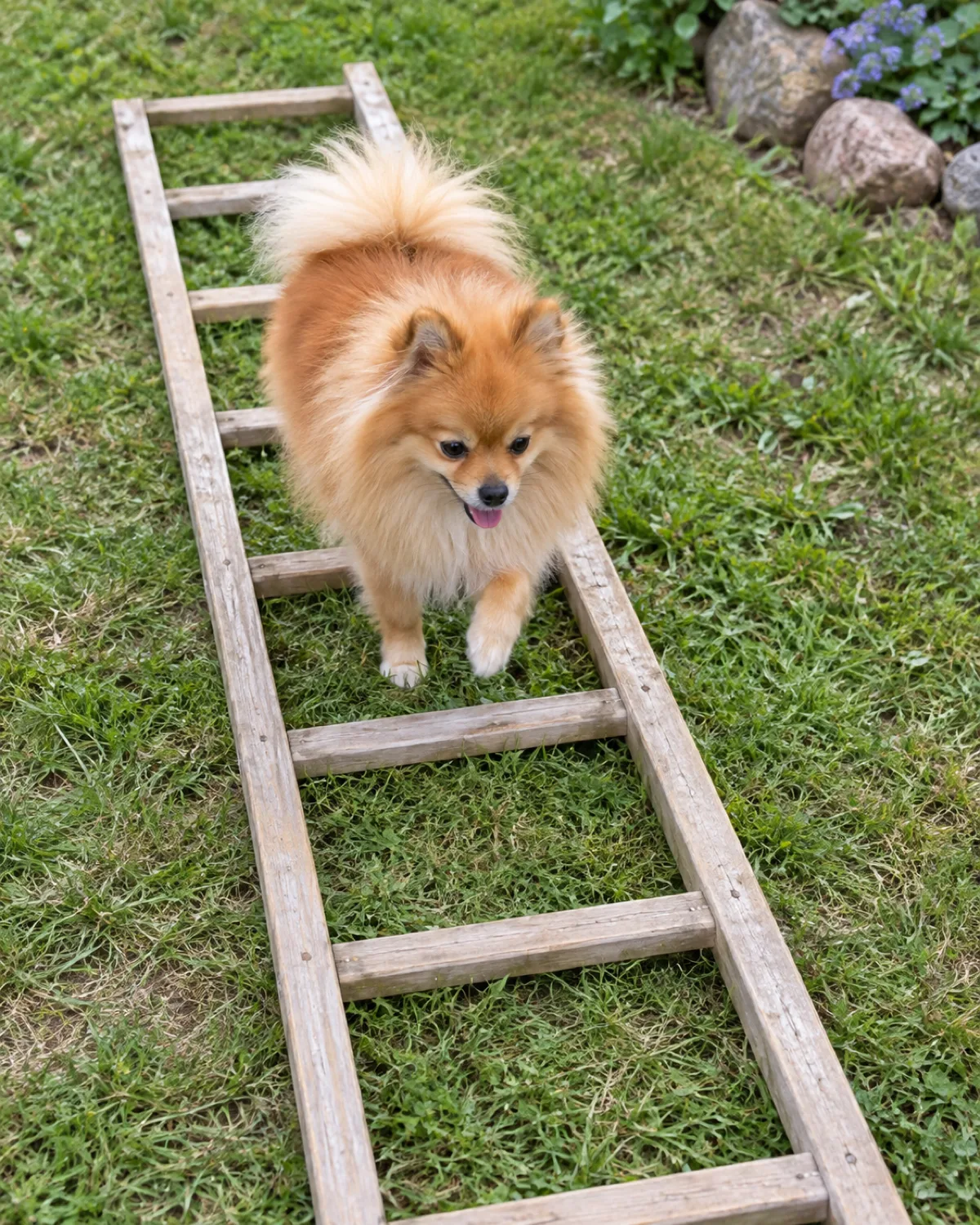 a tiny fluffy orange double-coated dog with a foxy face and small erect ears stepping carefully through the rungs of a wooden ladder laid flat on grass with each paw lifted deliberately