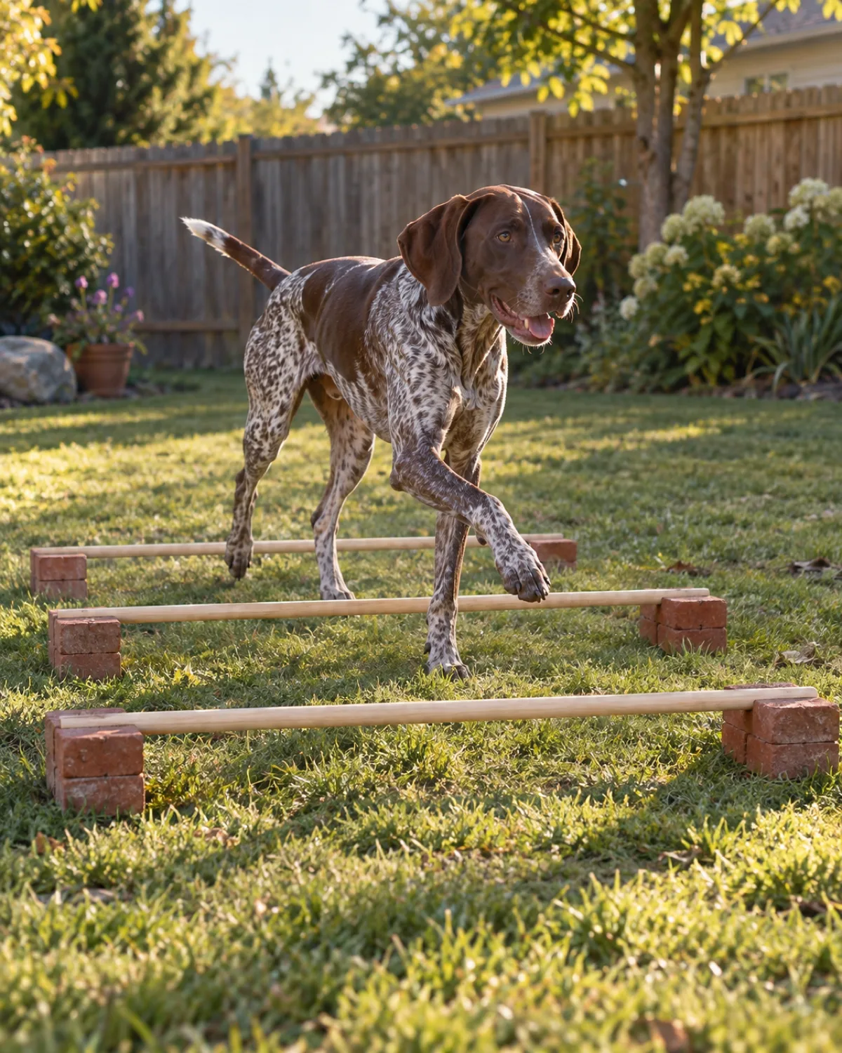 a large lean dog with a short liver-and-white ticked coat and floppy ears trotting over three broomstick cavaletti rails resting on red bricks with legs lifting in a deliberate high-stepping gait in late afternoon sun