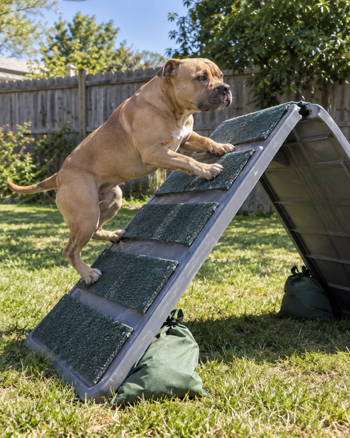 a medium muscular dog with a broad blocky head and a short smooth fawn coat climbing the near side of a storage-bin-lid A-frame covered in outdoor carpet strips with sandbags visible at the base in a sunny backyard