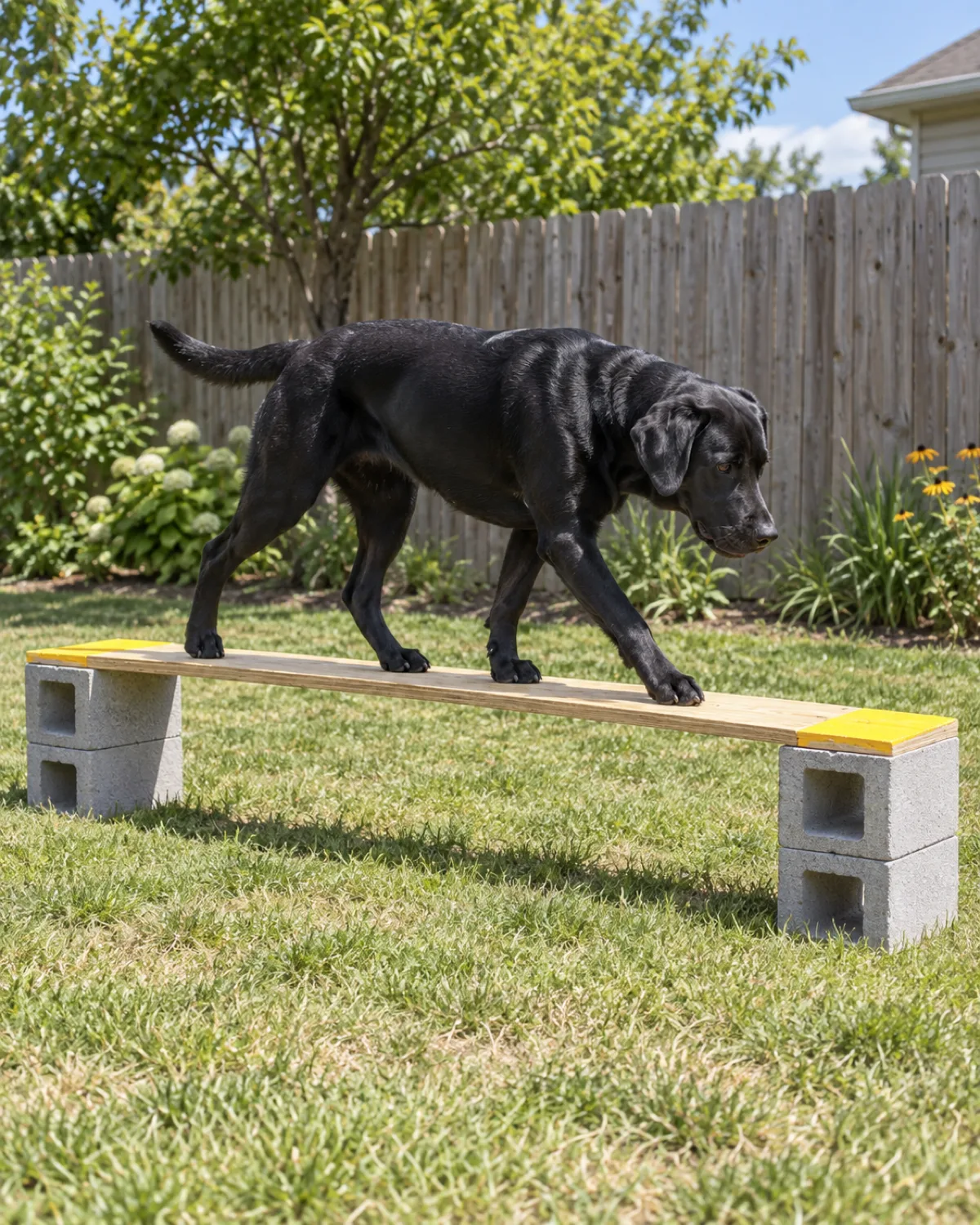 a large athletic solid-black short-coated dog with floppy ears and a glossy coat walking carefully across a narrow plywood plank resting on cinder blocks with yellow-painted contact zones at each end in a backyard