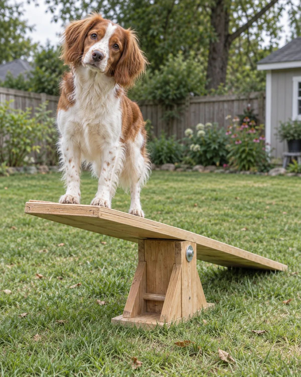 a medium dog with a chestnut-and-white silky medium coat and long feathered floppy ears standing on the high end of a DIY teeter-totter plank with the low end just beginning to tip down in bright overcast light