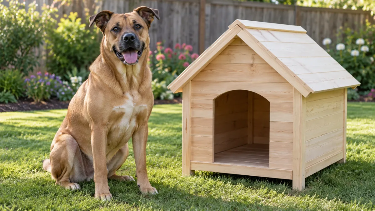 a large tawny-gold short-coated dog with semi-erect ears sitting proudly next to a freshly built small wooden dog house on a green lawn in bright afternoon light