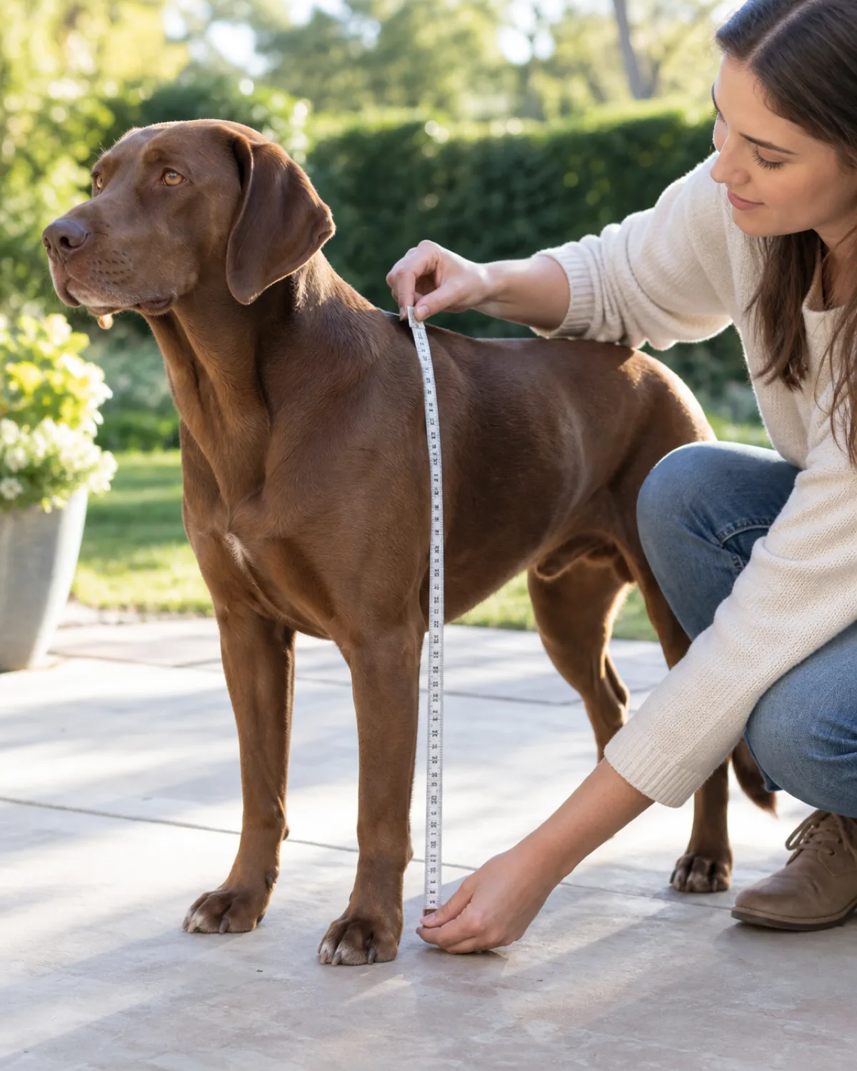 a medium chocolate-brown smooth-coated dog with floppy ears and a deep chest standing still on a bright patio while owner crouches beside holding a soft measuring tape along the dogs shoulder height with warm morning light and pale concrete patio and blurred green yard behind