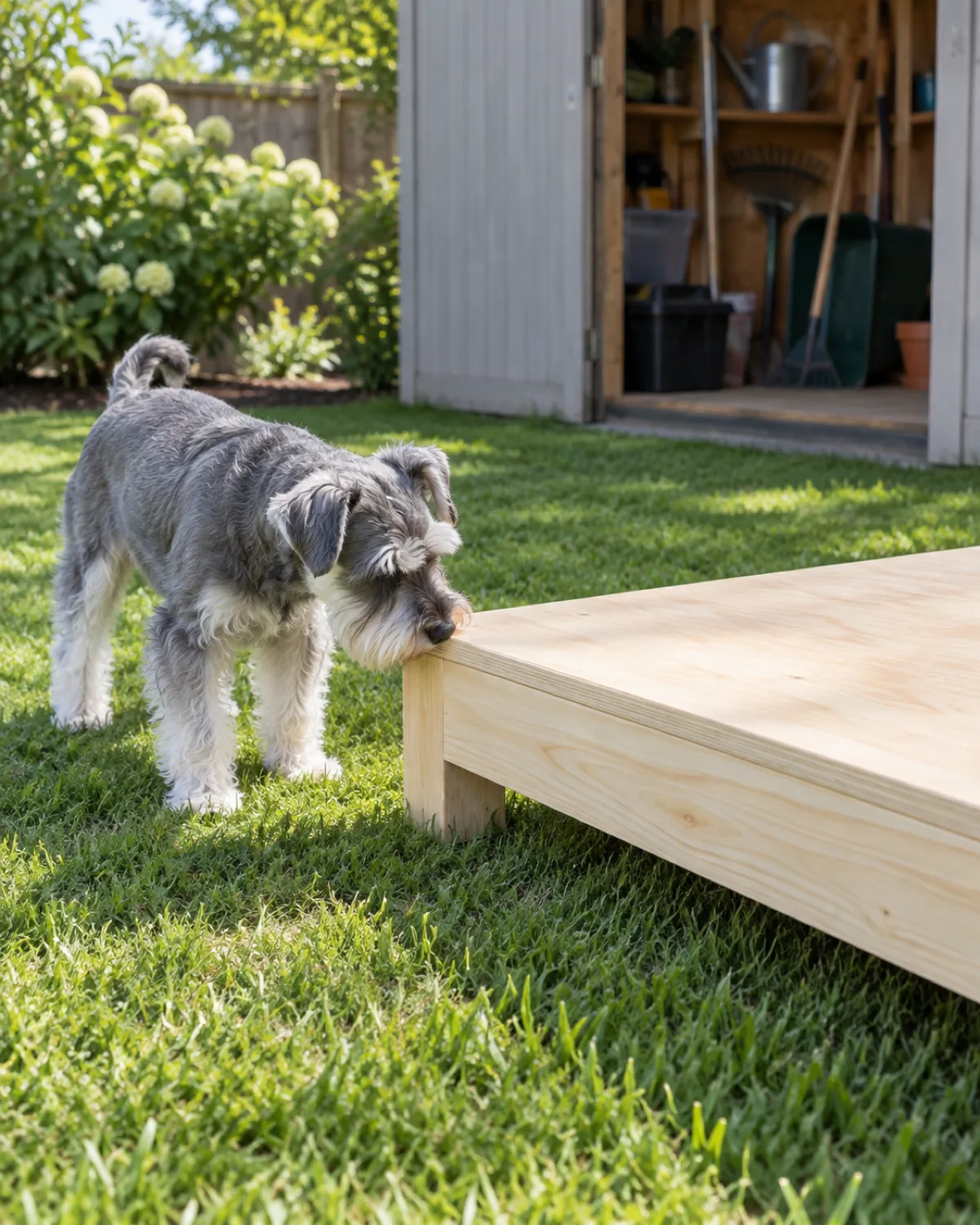 a small wiry grey-and-white coated dog with bushy eyebrows and folded V-shaped ears sniffing the corner of a freshly assembled rectangular wooden base platform sitting on a green lawn with bright midday light and pale untreated lumber visible and blurred garden shed behind