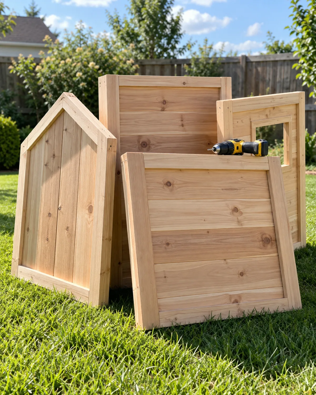 close-up of four framed wooden wall panels leaning against each other on a green lawn with a cordless drill resting on one panel in bright afternoon light with pale cedar wood and blurred fence background