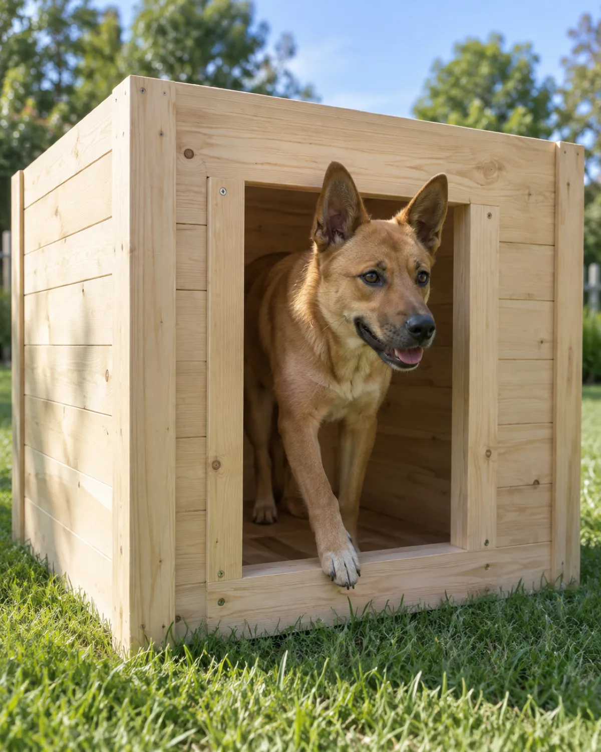 a medium red-fawn smooth-coated dog with pricked ears and a lean athletic frame stepping through a raised rectangular entrance of a half-built wooden dog house on a green lawn with front paw on the raised threshold in bright afternoon light with pale lumber structure and blurred backyard trees behind