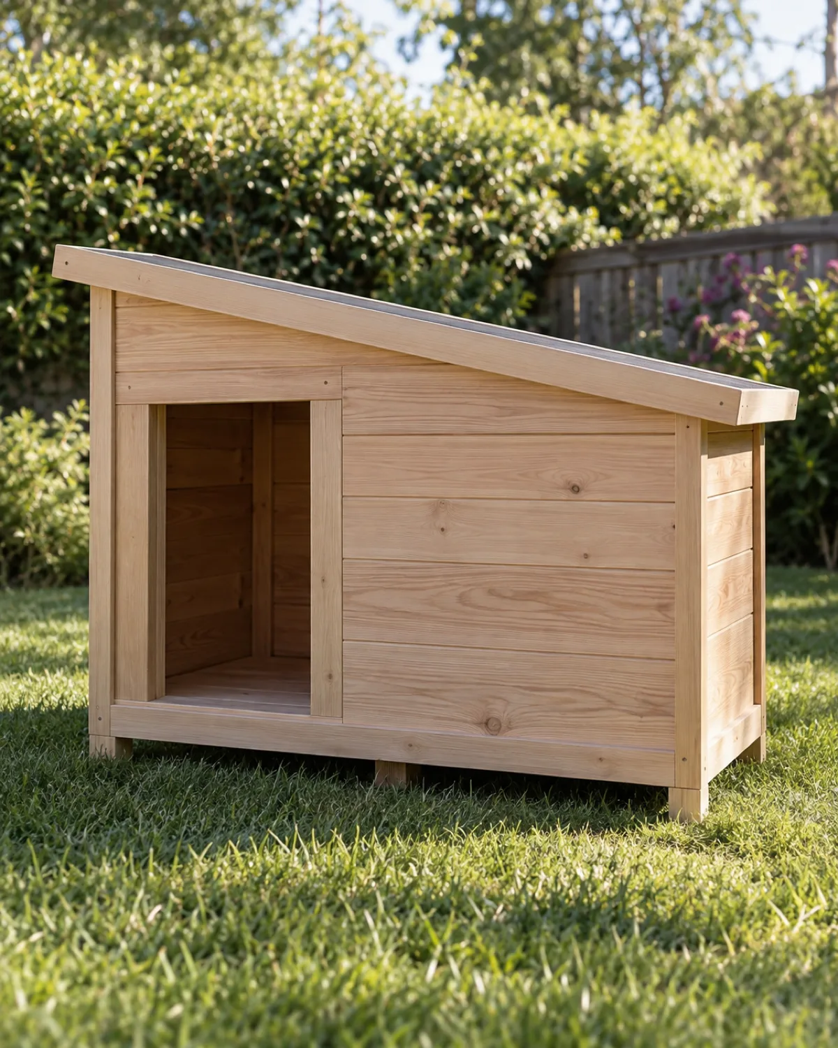 side view of a nearly complete wooden dog house with a sloped roof showing a two-inch overhang on each side sitting on a green lawn in bright afternoon light with pale cedar color and blurred garden fence behind