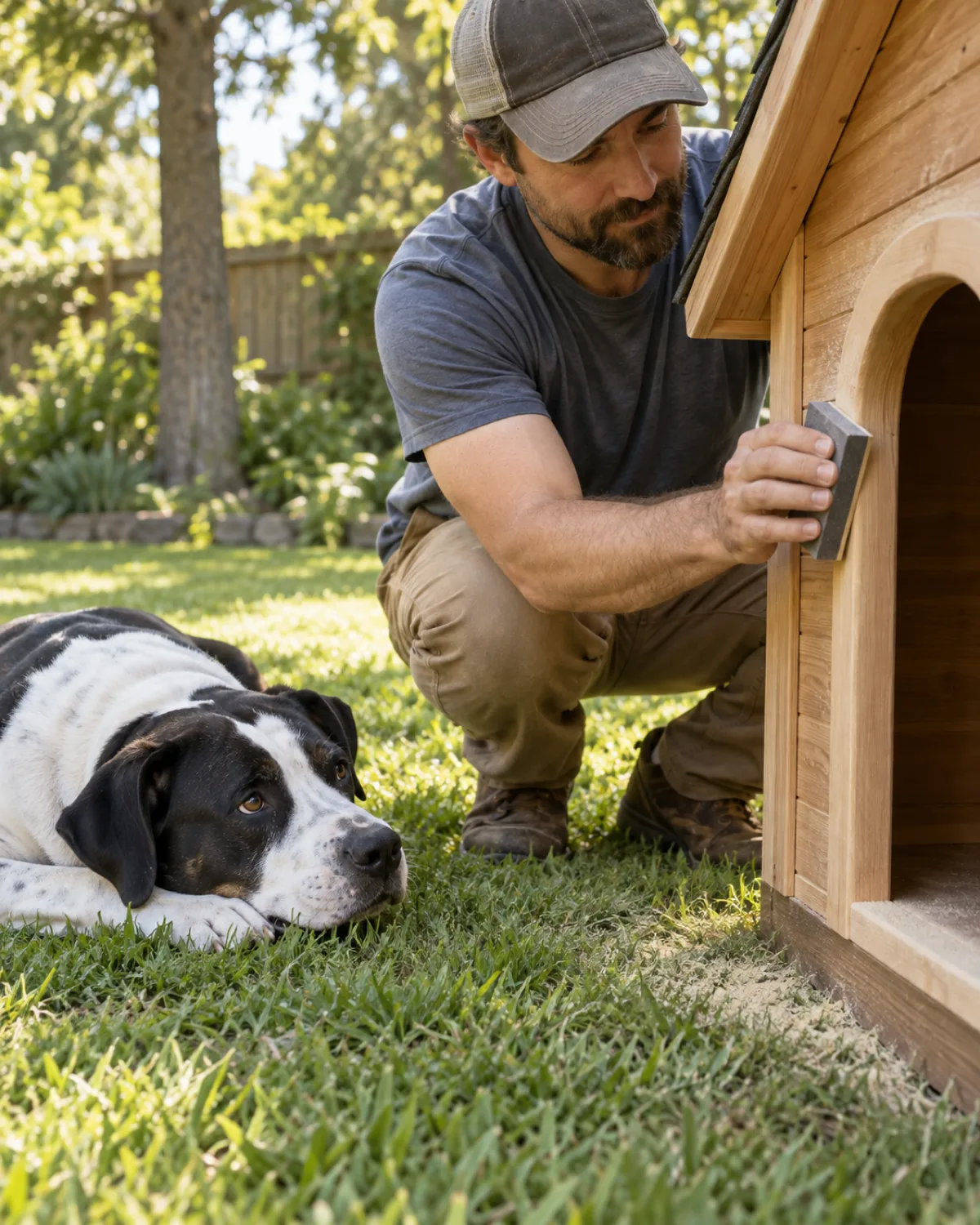 a large black-and-white patched short-coated dog with floppy ears and a stocky build lying on the grass watching the owner sand the edge of a wooden dog house entrance with a sanding block in bright warm light with sawdust on the grass and blurred backyard setting