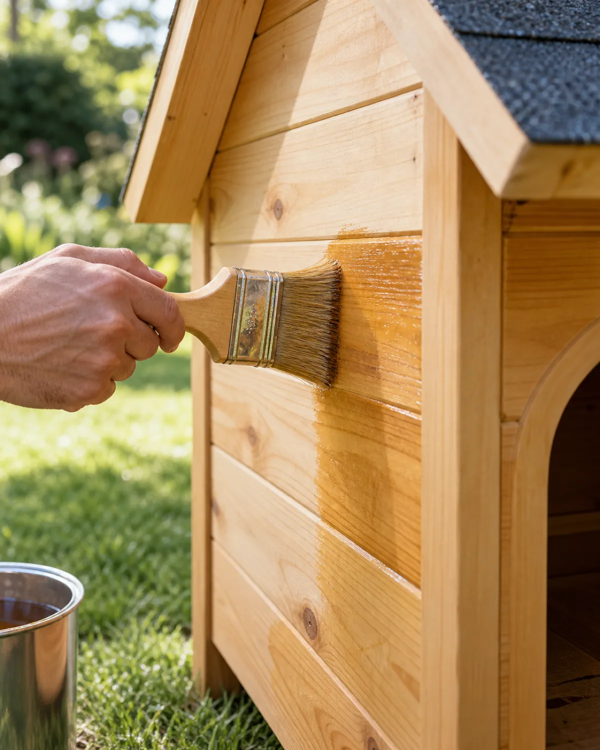 close-up of a hand brushing clear exterior wood sealant onto the side panel of a wooden dog house with a wide bristle brush in bright outdoor light with pale golden wood grain visible and blurred green lawn background