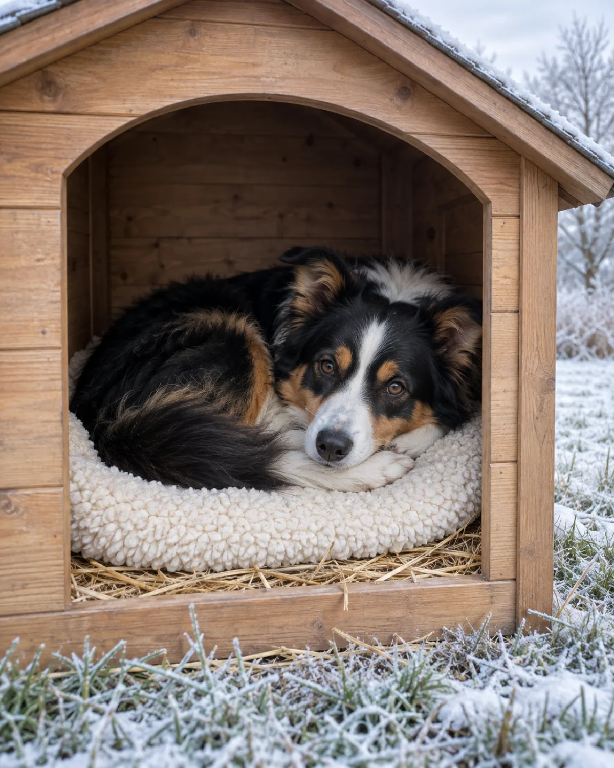 a medium tricolor black white and rust double-coated dog with semi-erect ears and a fluffy ruff curled up inside a wooden dog house on a thick fleece pad seen through the entrance with cozy winter light and straw peeking from beneath the pad and frosted grass outside the entrance