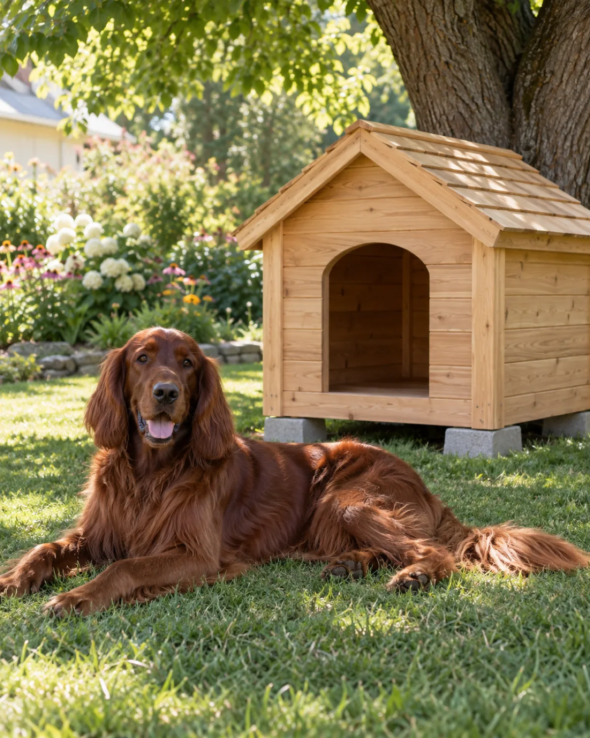 a large deep-red feathered long-coated dog with floppy ears and a gentle expression lying in front of a finished wooden dog house placed under a mature shade tree on a green lawn with dappled afternoon light through leaves and house elevated slightly on pavers and blurred garden behind