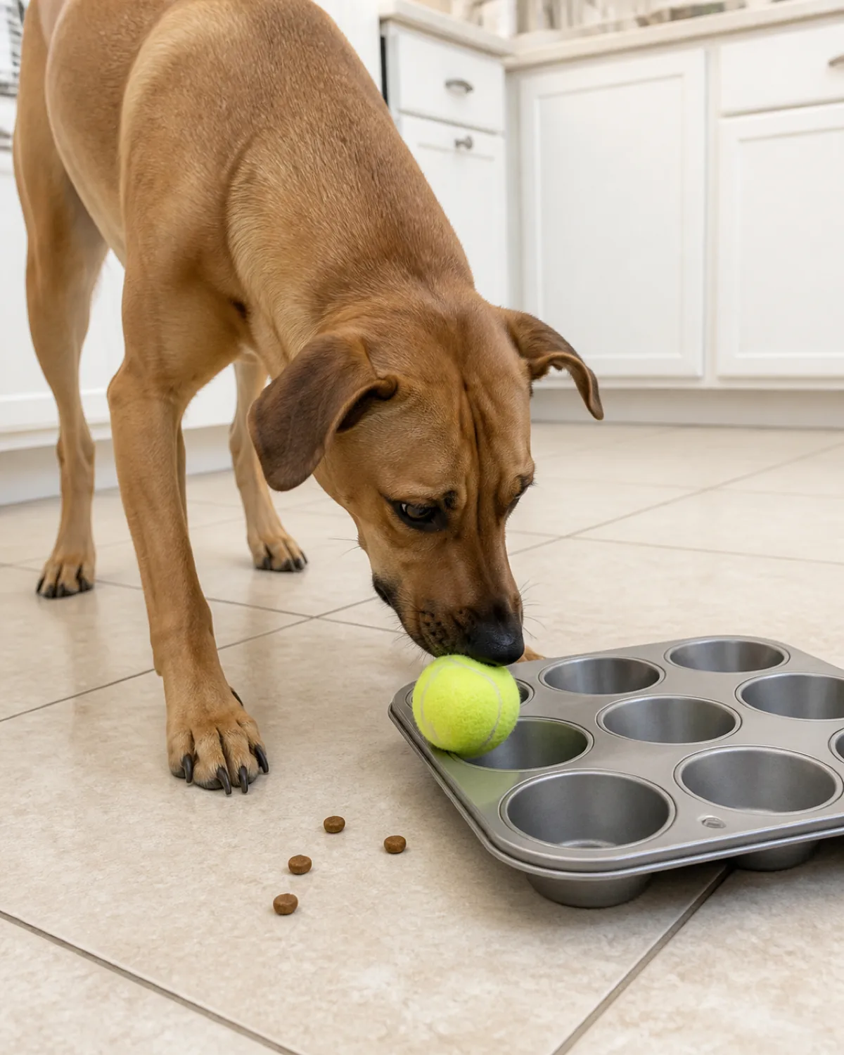 a red-fawn smooth-coated medium-large dog with deep chest long legs and alert expression nudging a tennis ball off a muffin tin cup with nose on a cream tile floor soft overhead light white kitchen counter in background a few kibble pieces scattered nearby