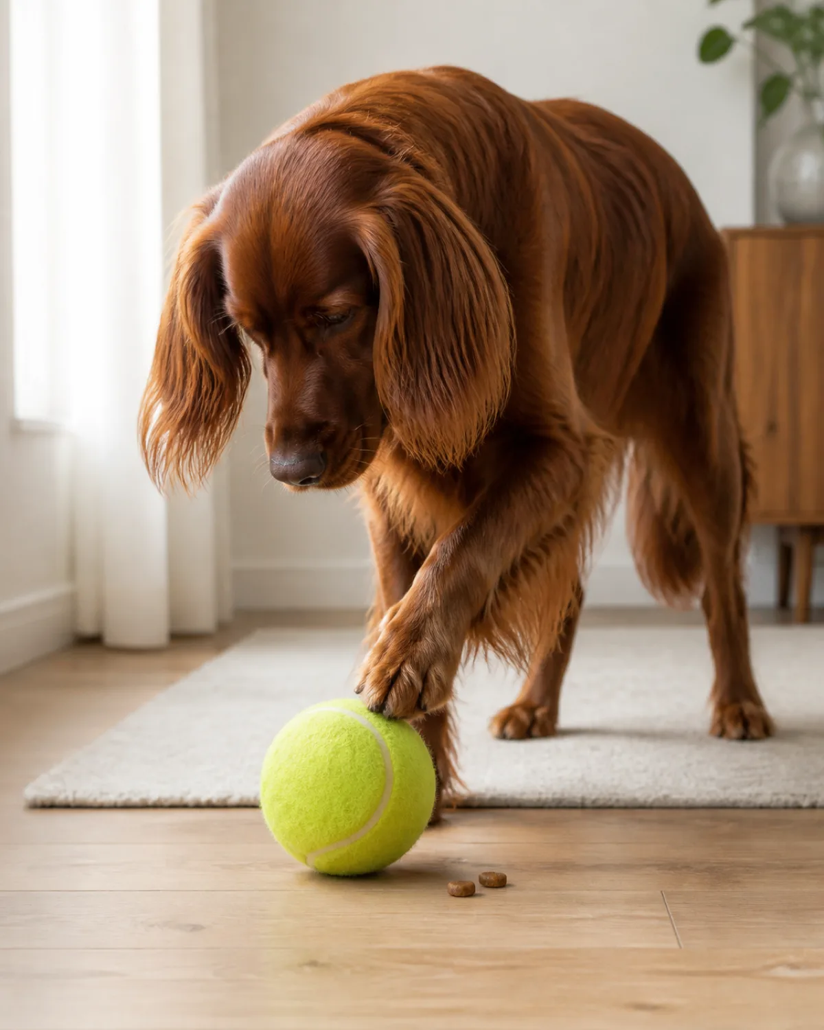 a deep mahogany-red feathered-coated dog with long silky ears rolling a tennis ball across a pale wood floor with one front paw a couple of kibble pieces on the floor near the ball natural light from the left cream linen runner beneath dog looking down at ball with focused attention