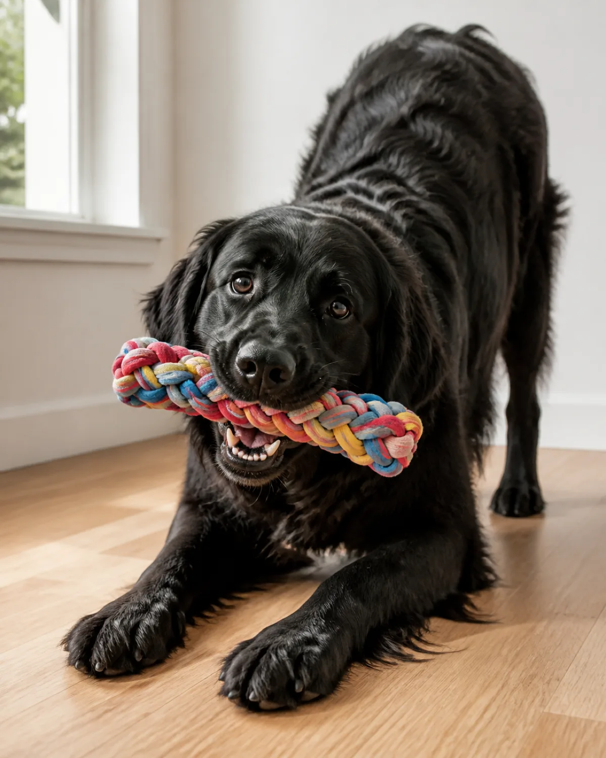 a solid-black long wavy-coated large dog with broad head and gentle eyes tugging a braided colorful t-shirt rope toy front paws stretched forward on a light wood floor in play bow position soft natural light from window white wall behind dog engaged and happy