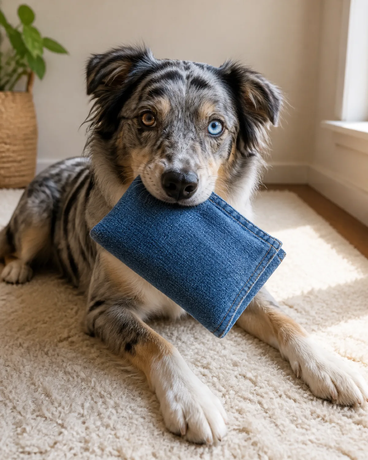 a blue-merle speckled-coated medium dog with heterochromia one blue eye one brown lying on a cream rug holding a folded denim pocket pouch in its mouth warm sidelight from a window to the right pale wall behind dog looking pleased and relaxed