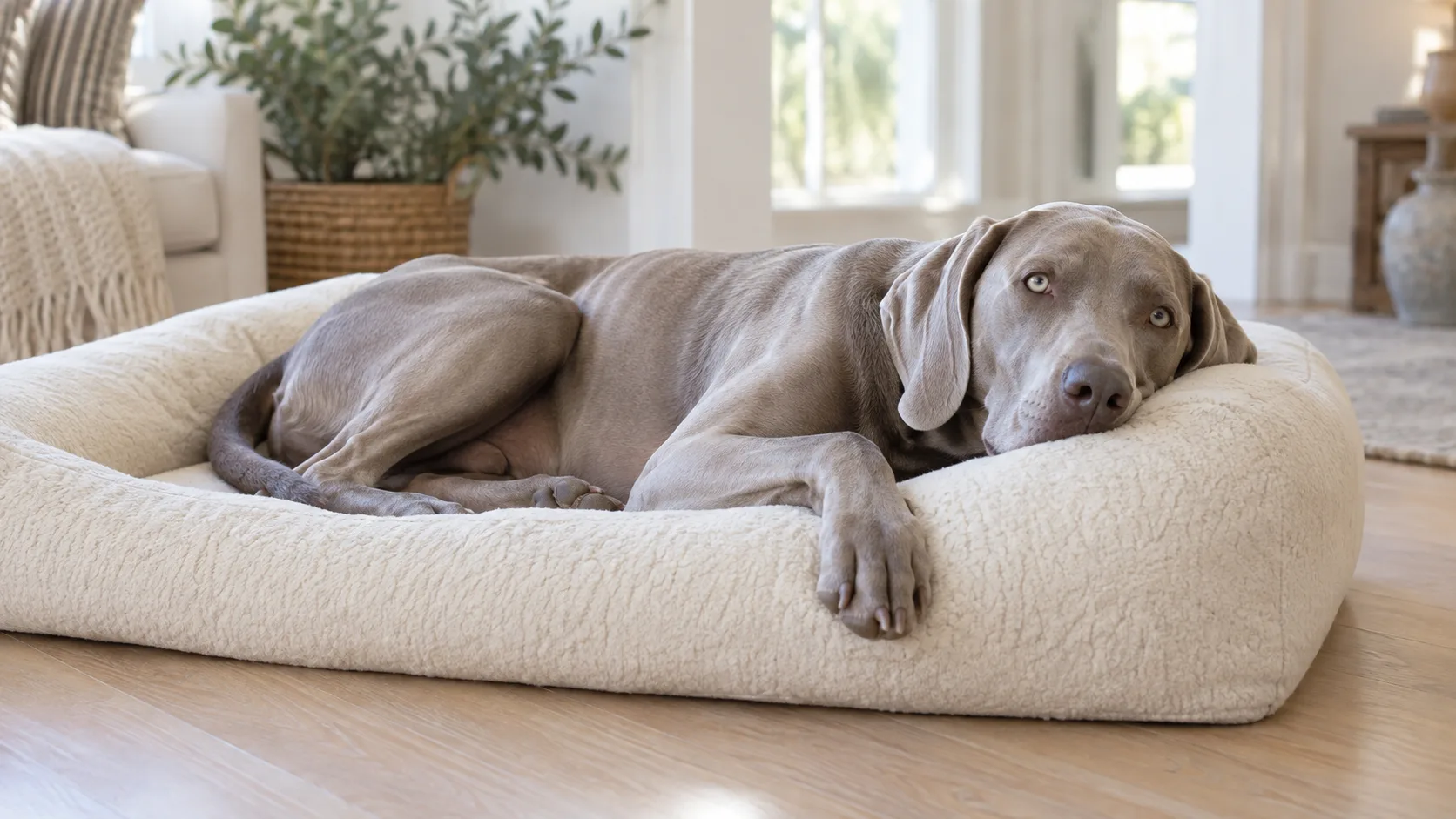 a large sleek dog with a solid silver-grey short coat floppy ears and pale eyes lying contentedly on a thick cream bolster bed on a pale hardwood floor warm natural light from a nearby window