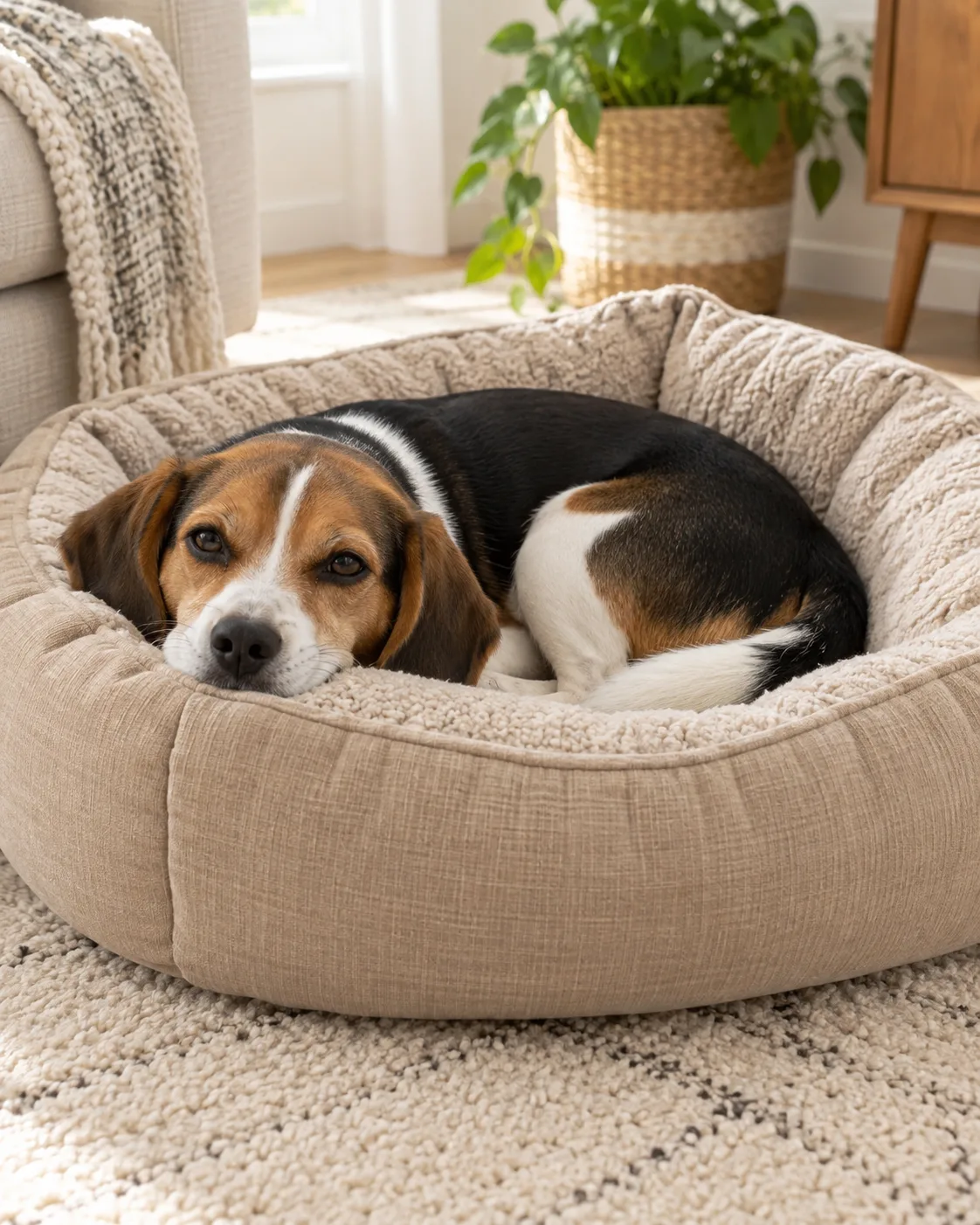 a small sturdy tricolor black white and tan short-coated hound with long low-set floppy ears curled tightly inside a tan bolster bed with chin resting on the raised edge soft living room with cream rug and light walls warm natural daylight