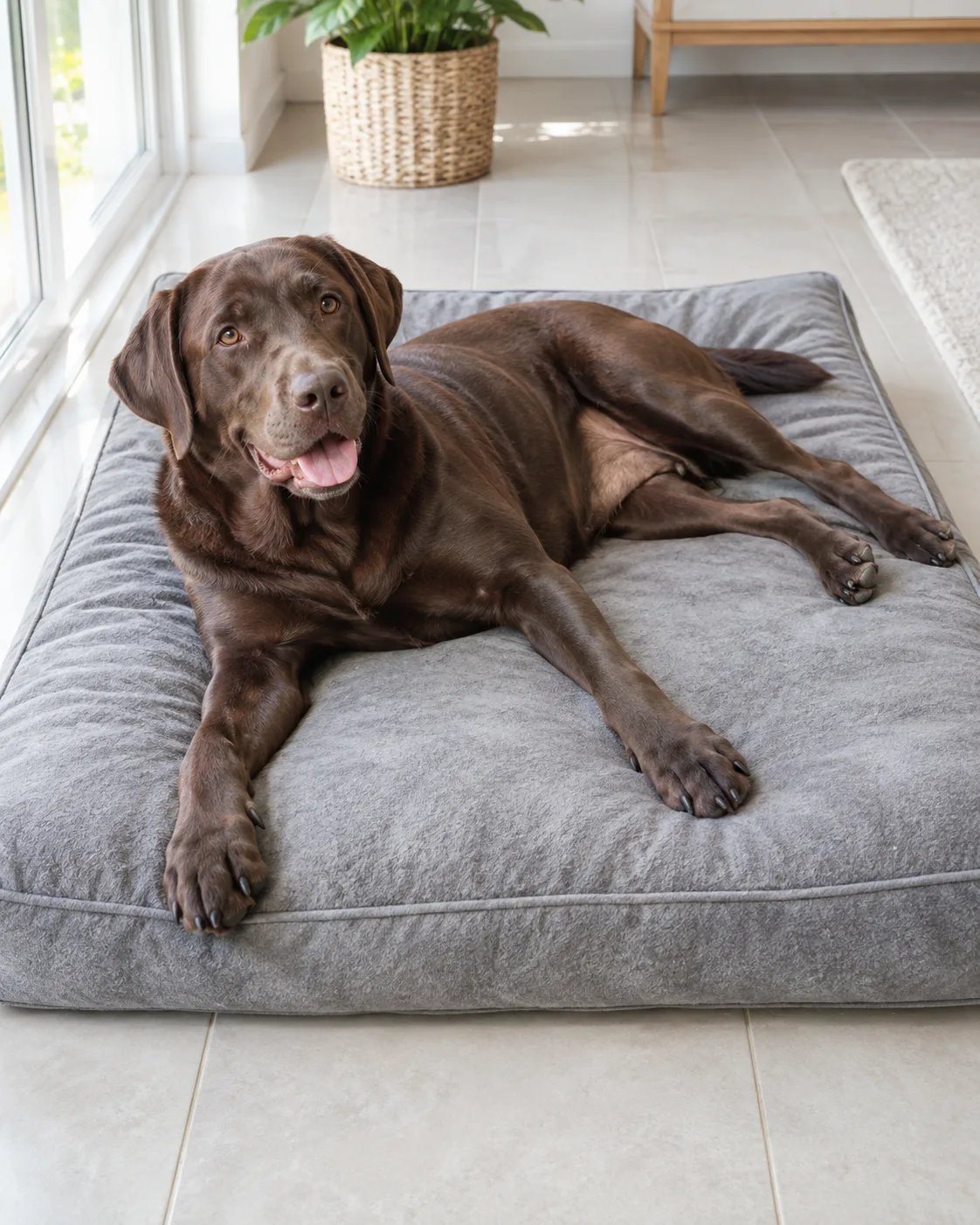 a large solid chocolate-brown short-coated dog with floppy ears and athletic build sprawled flat on a wide grey mat bed on a light tile floor legs extended belly partly exposed bright natural daylight from a window
