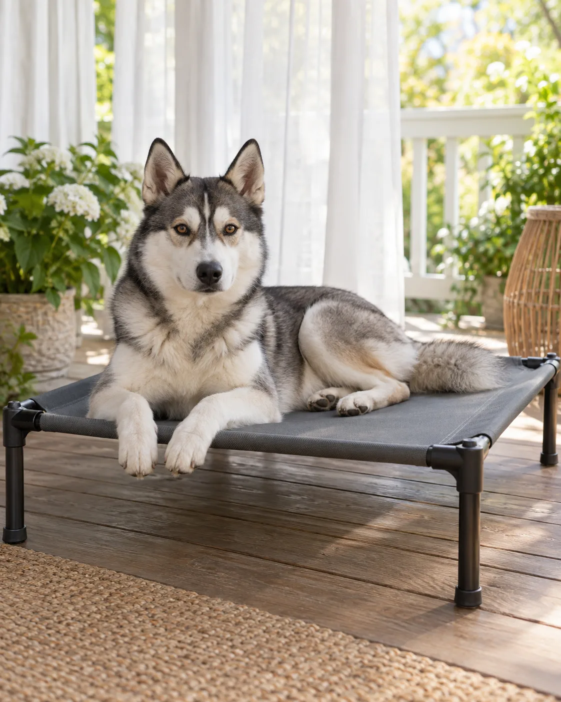 a medium athletic double-coated dog with grey-and-white fur a symmetric darker facial mask erect triangular ears and a bushy tail lying on an elevated mesh cot bed on a covered porch light filtering through sheer curtains relaxed expression