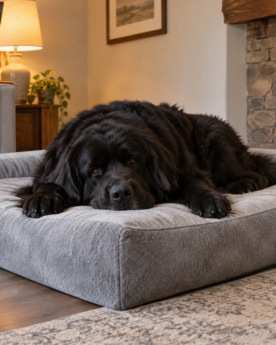a giant dog with a thick solid-black long coat a large head heavy bone and gentle expression with floppy ears resting on a large grey orthopedic memory foam bed in a living room corner soft warm lamp light peaceful sleepy expression