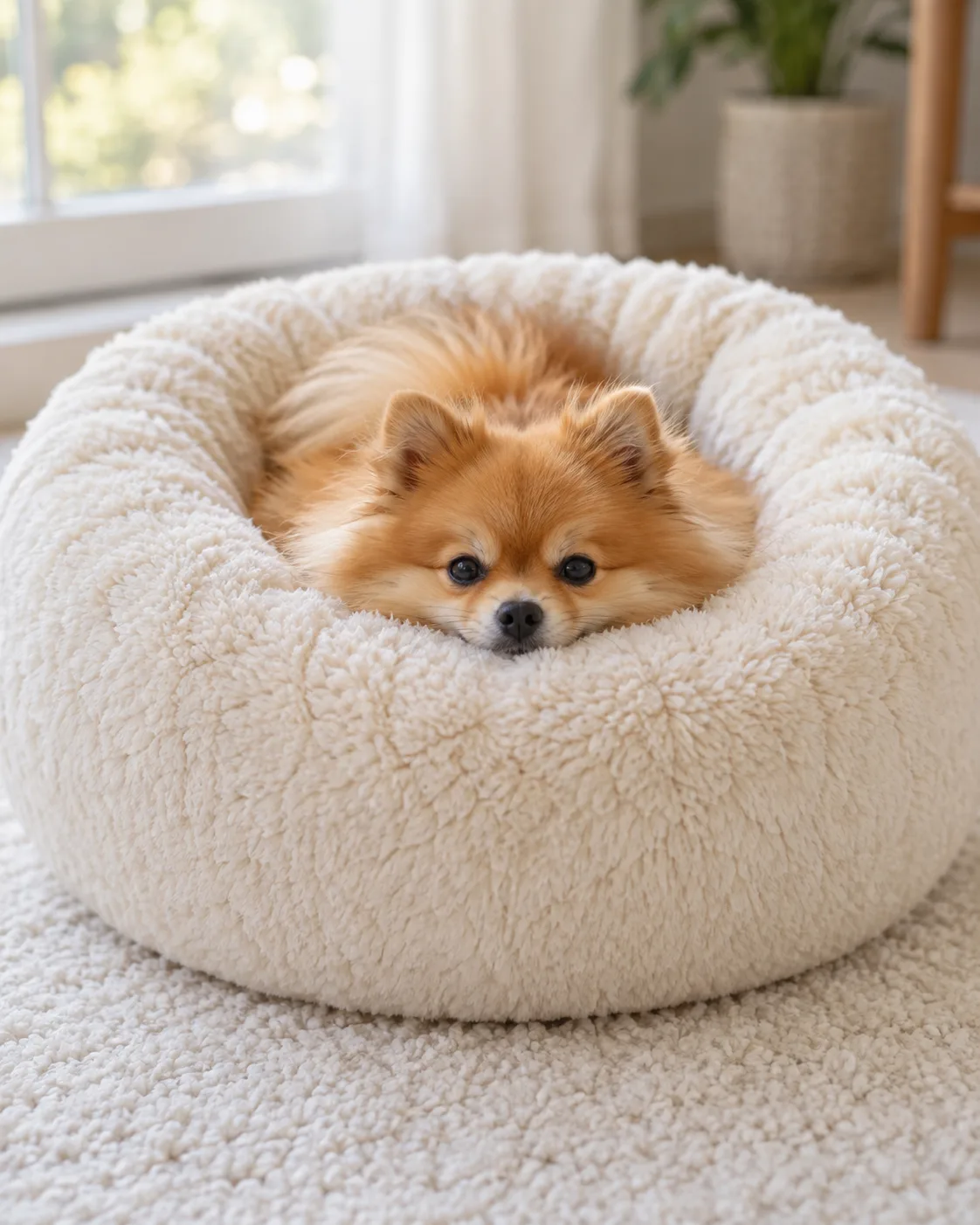 a tiny dog with a profuse fluffy orange double coat a foxy face small erect ears and a plumed tail burrowed into a round cream-colored donut nesting bed with only the face and ears poking out on a white carpet soft natural light