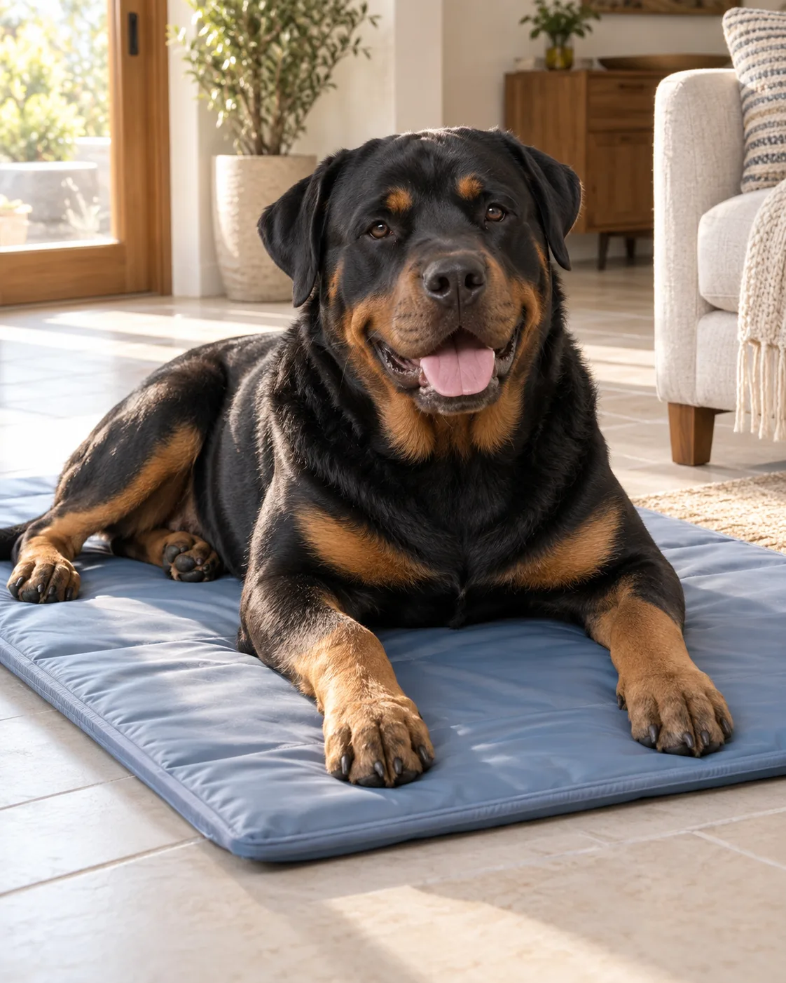 a large powerful black-and-tan short-coated dog with a broad blocky head and floppy ears lying on a blue-grey cooling gel pad on a pale tile floor warm afternoon light streaming in panting slightly with a content relaxed look