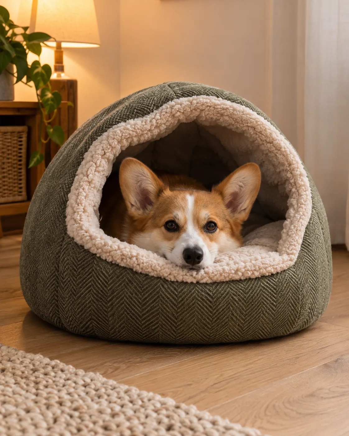 a small dog with very short legs and a long low body a red-and-white coat oversized erect ears and a foxy face nestled inside a hooded cave bed with just the face peeking out of the opening the bed on a light wood floor warm lamplight